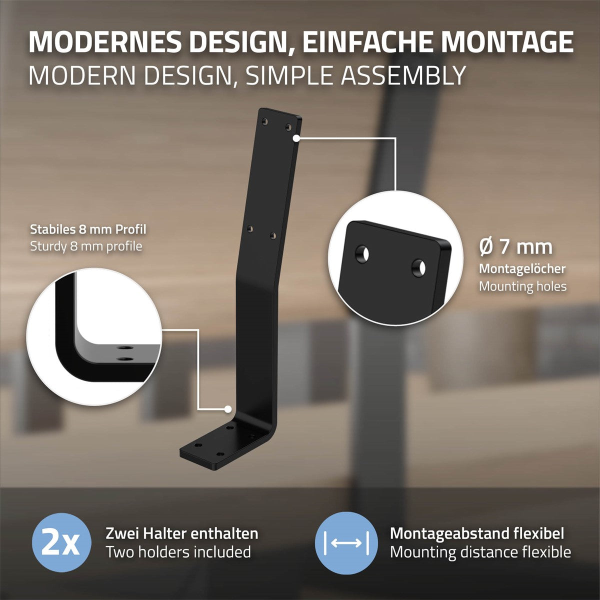 Schwarzer Regalhalter mit Montagehinweisen und flexibler Montage.