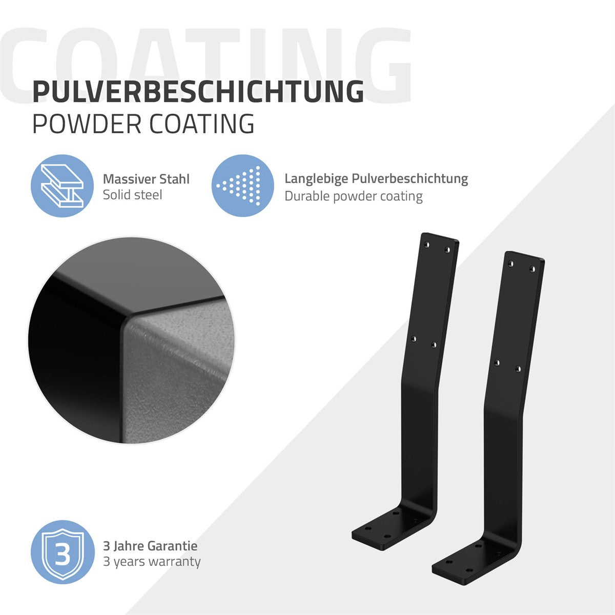 Zwei schwarze Metallhalter mit Informationen zu Pulverbeschichtung und Garantie.