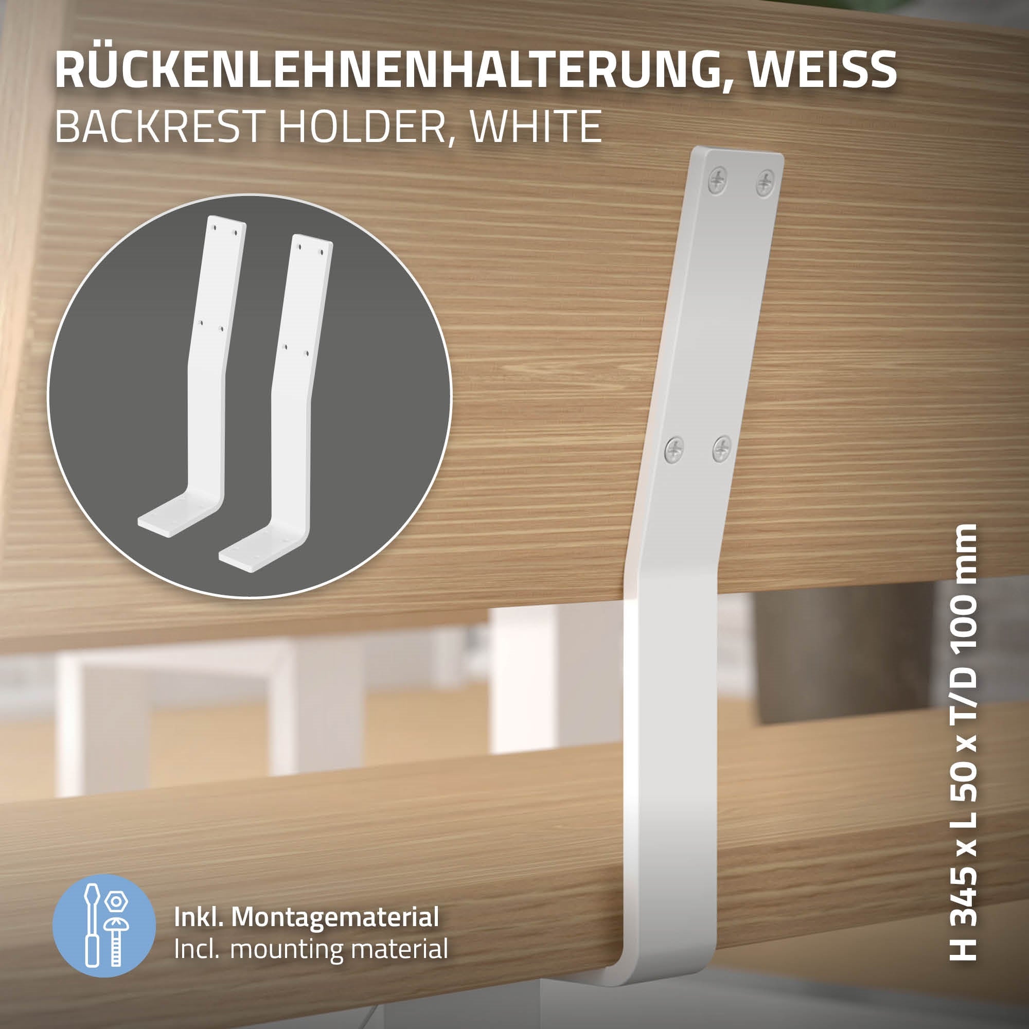 Weiße Metallhalterung für Rückenlehne, abgebildet mit Maßangaben und Montagehinweisen.