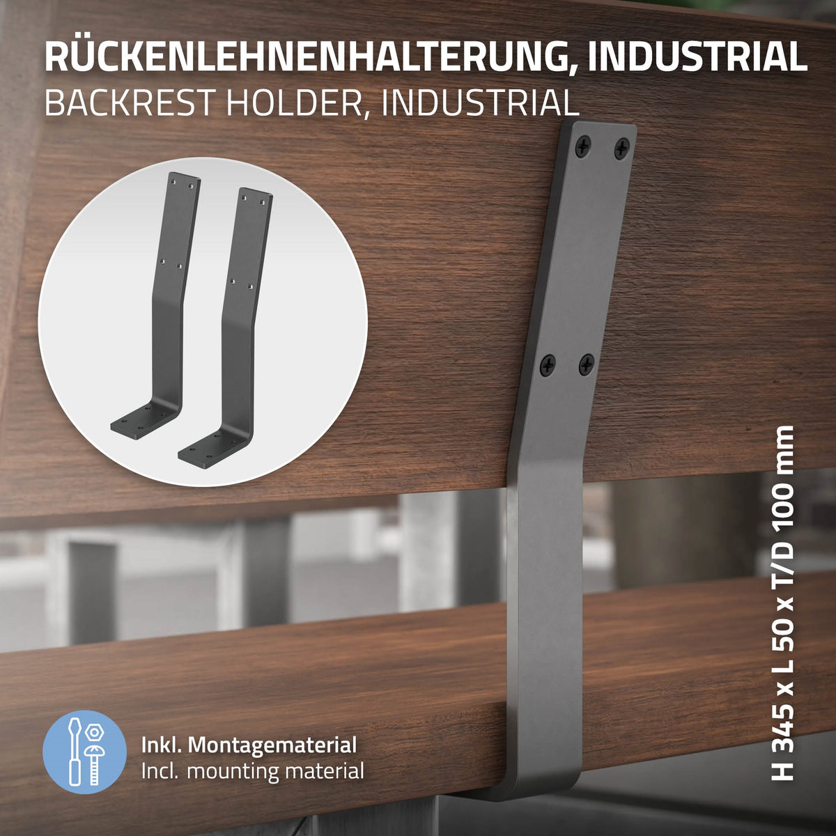 Metallhalterung für Rückenlehne, montiert an Holz, mit Maßangaben und Montagehinweisen.
