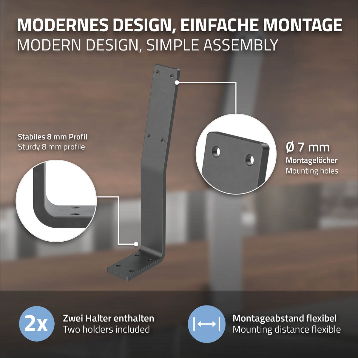 Halter mit modernem Design und Montagehinweisen.