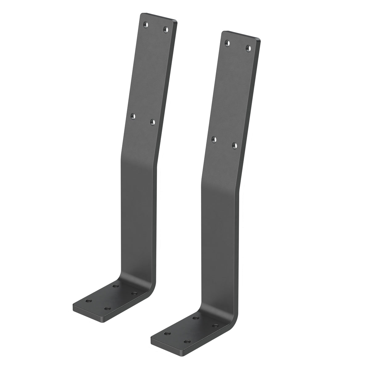 Zwei schwarze Metallhalterungen, die senkrecht stehen, mit Löchern zur Befestigung.