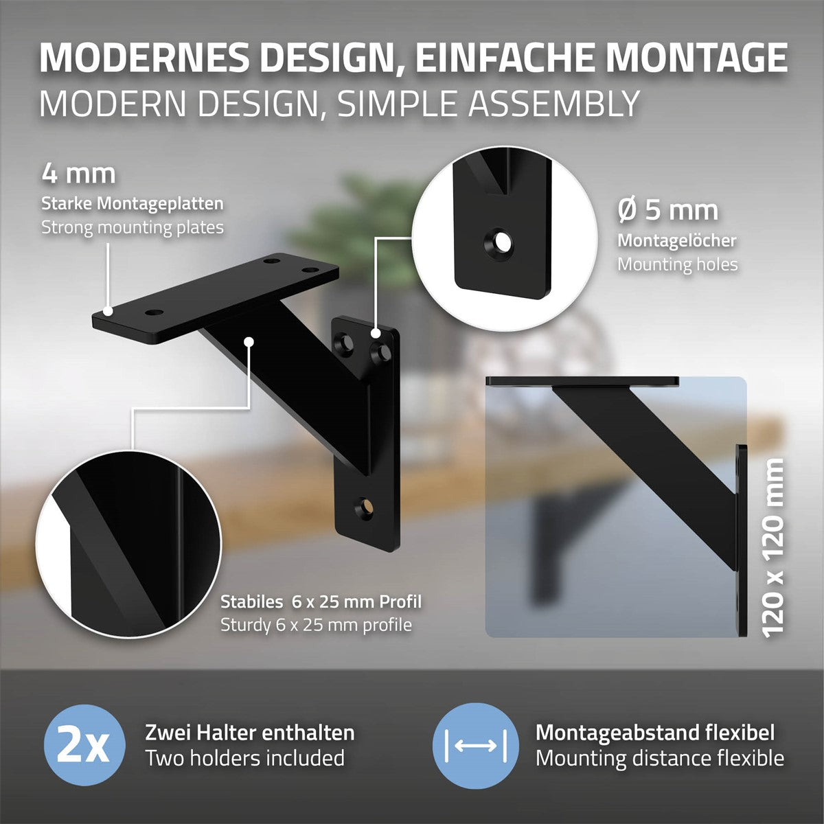 Schwarze Regalhalterung mit Montageanleitung und technischen Details.
