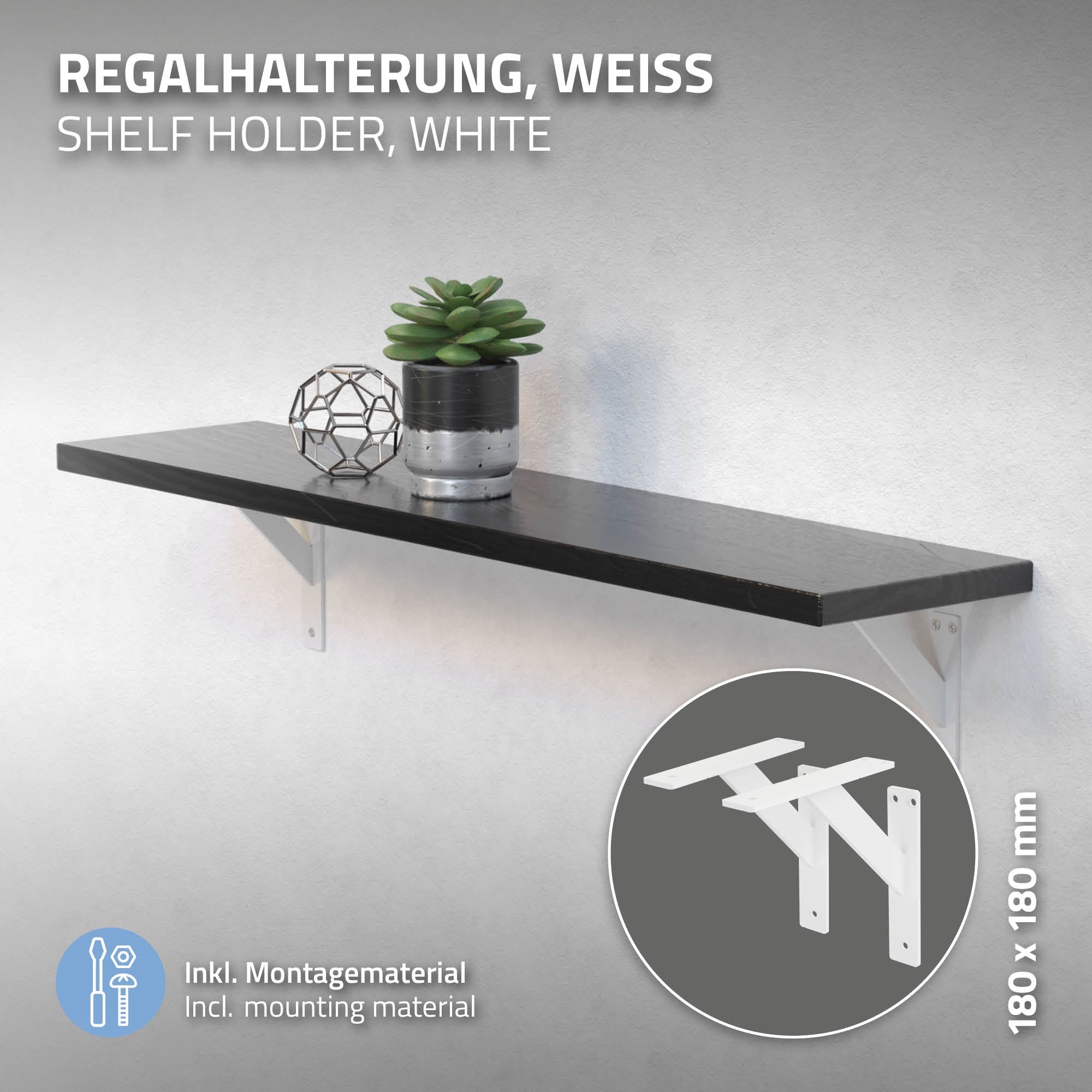 Weiße Regalhalterung mit schwarzem Regal und Pflanze.