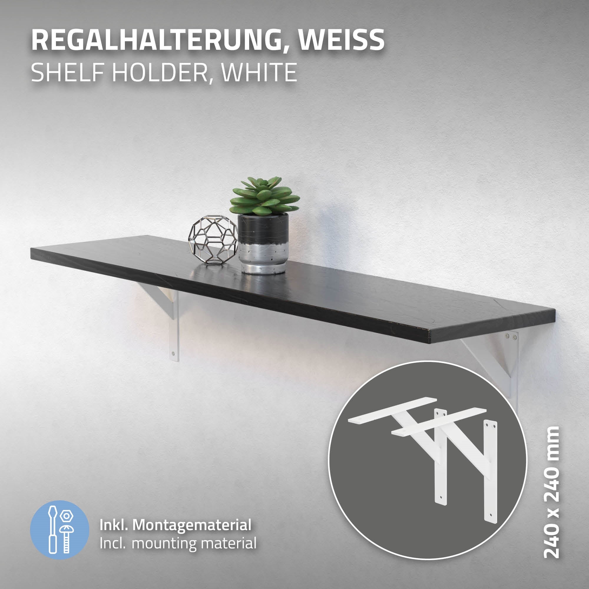 Schwarzes Regal mit Pflanzen und geometrischem Dekor.