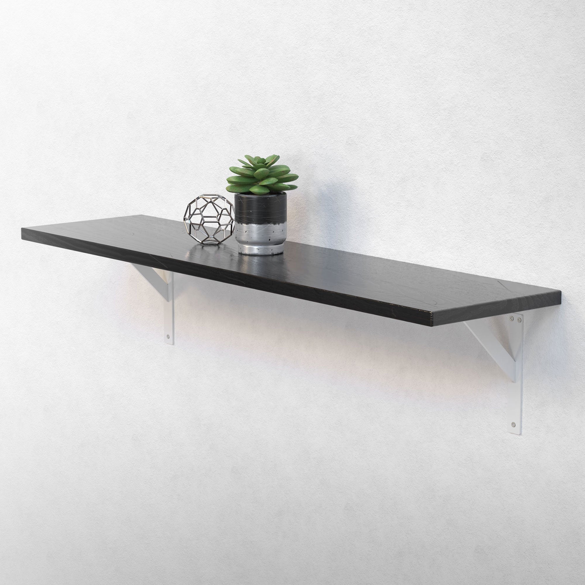 Zwarte plank met planten en decoratie aan een muur.