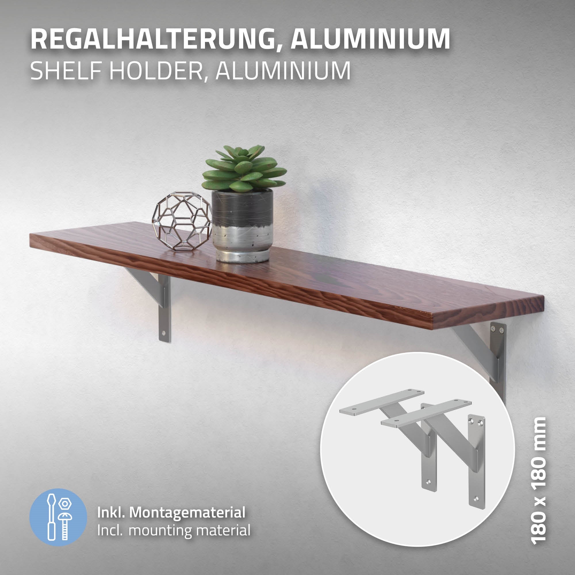 Holzregal mit Pflanzen und Aluminium-Wandhalterung.