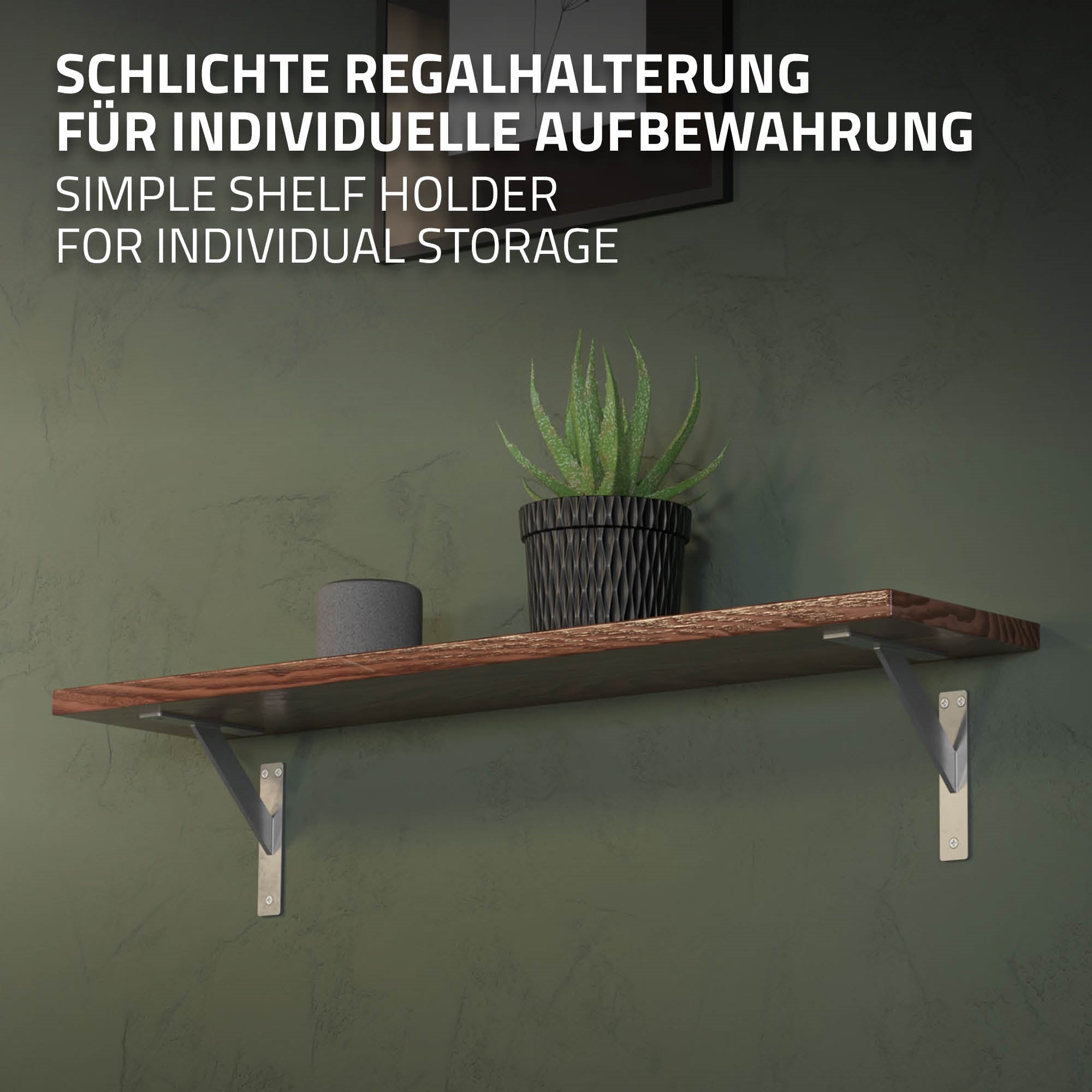 Plankbeugel met houten plank en plant op een groene achtergrond.