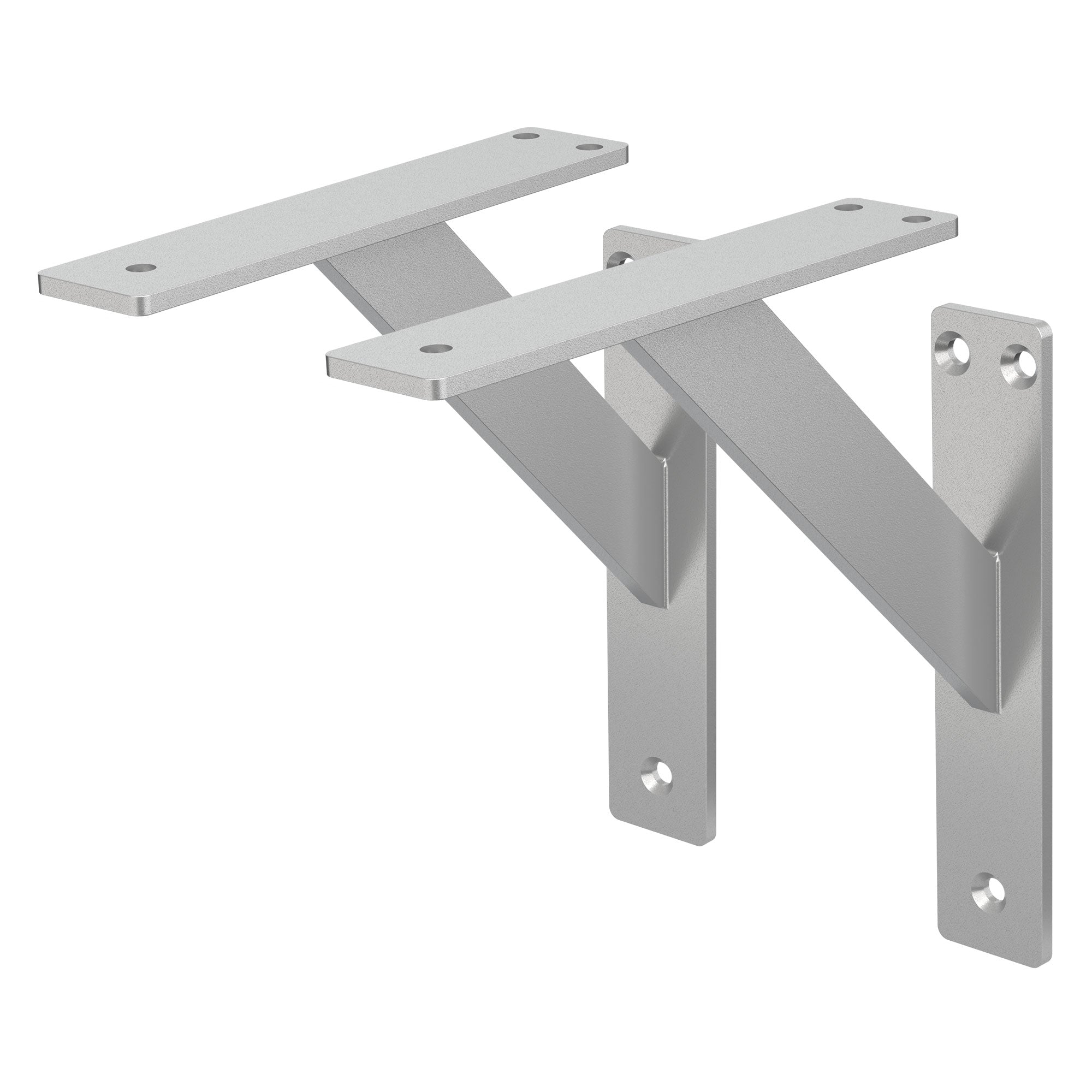 Zwei Wandhalterungen aus Metall in silberner Farbe.