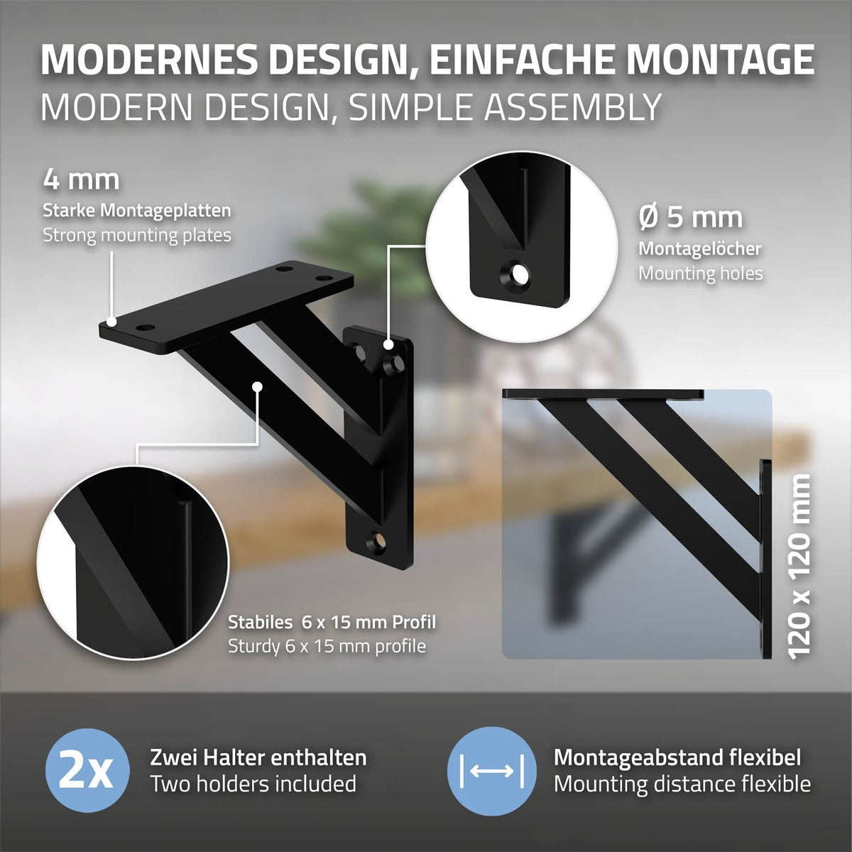 Grafik mit Informationen zur Montage und Abmessungen der Wandhalterung.