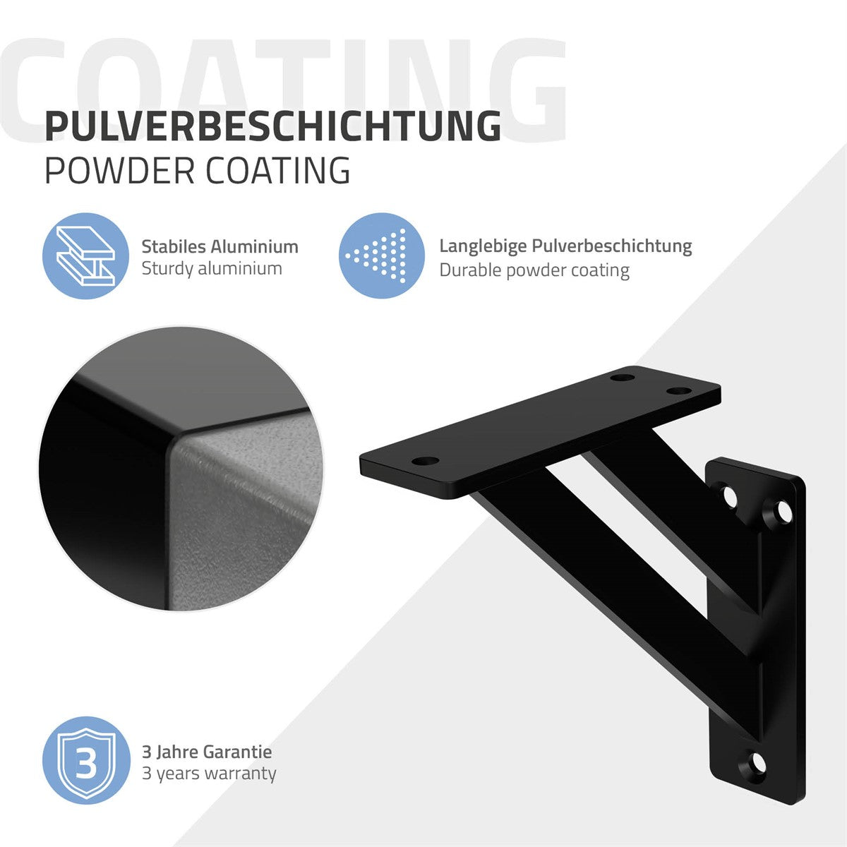 Schwarze Halterung mit pulverbeschichteter Oberfläche und Garantiehinweis.
