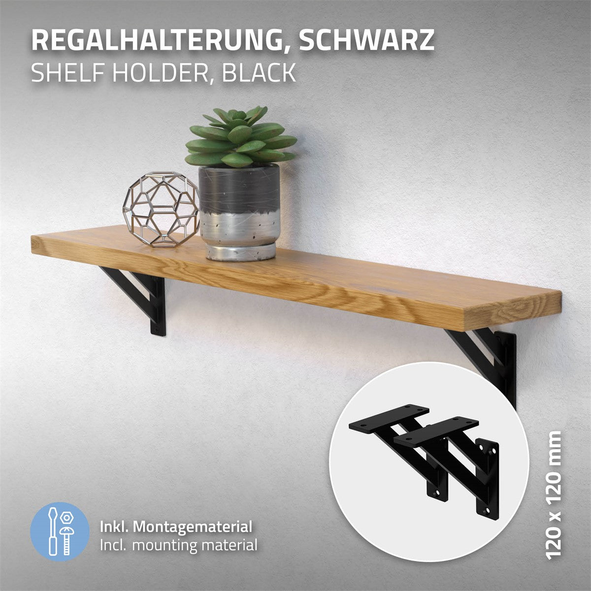 Schwarze Regalhalterung mit Pflanze und geometrischem Objekt.