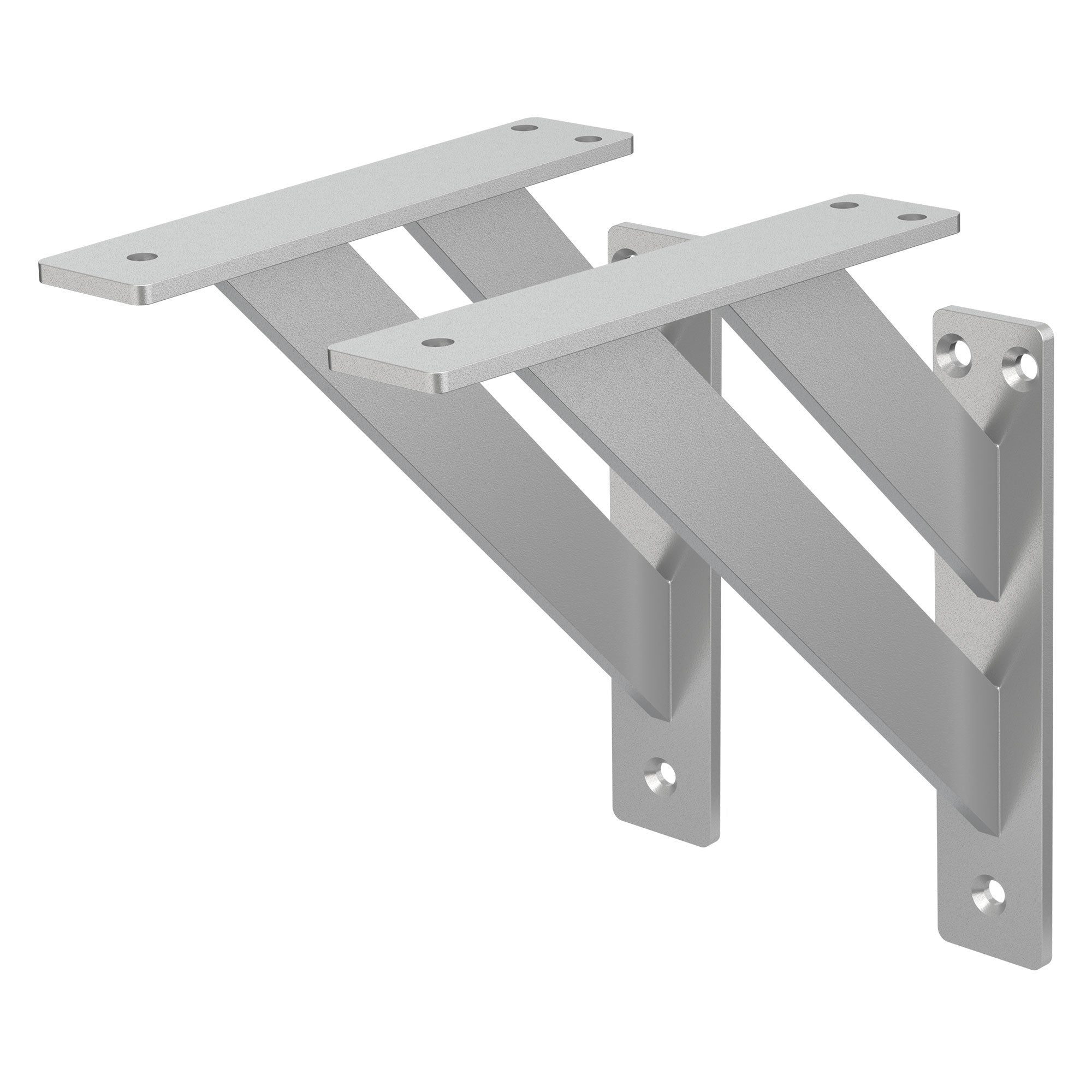 Zwei silberne Regalträger aus Metall, die in einem Winkel montiert sind.