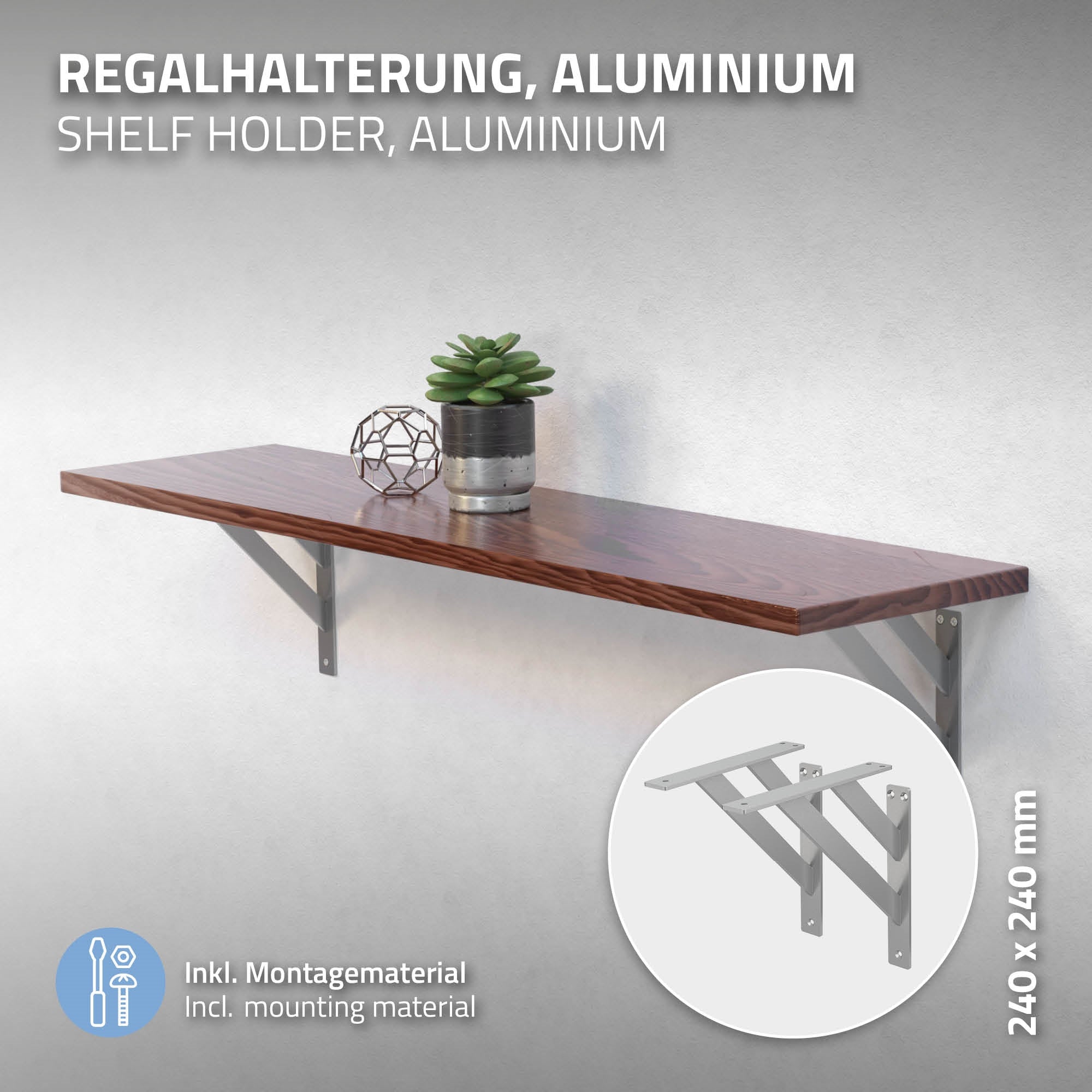 Holzregalhalterung aus Aluminium mit einer Holzplatte und einer Pflanze.