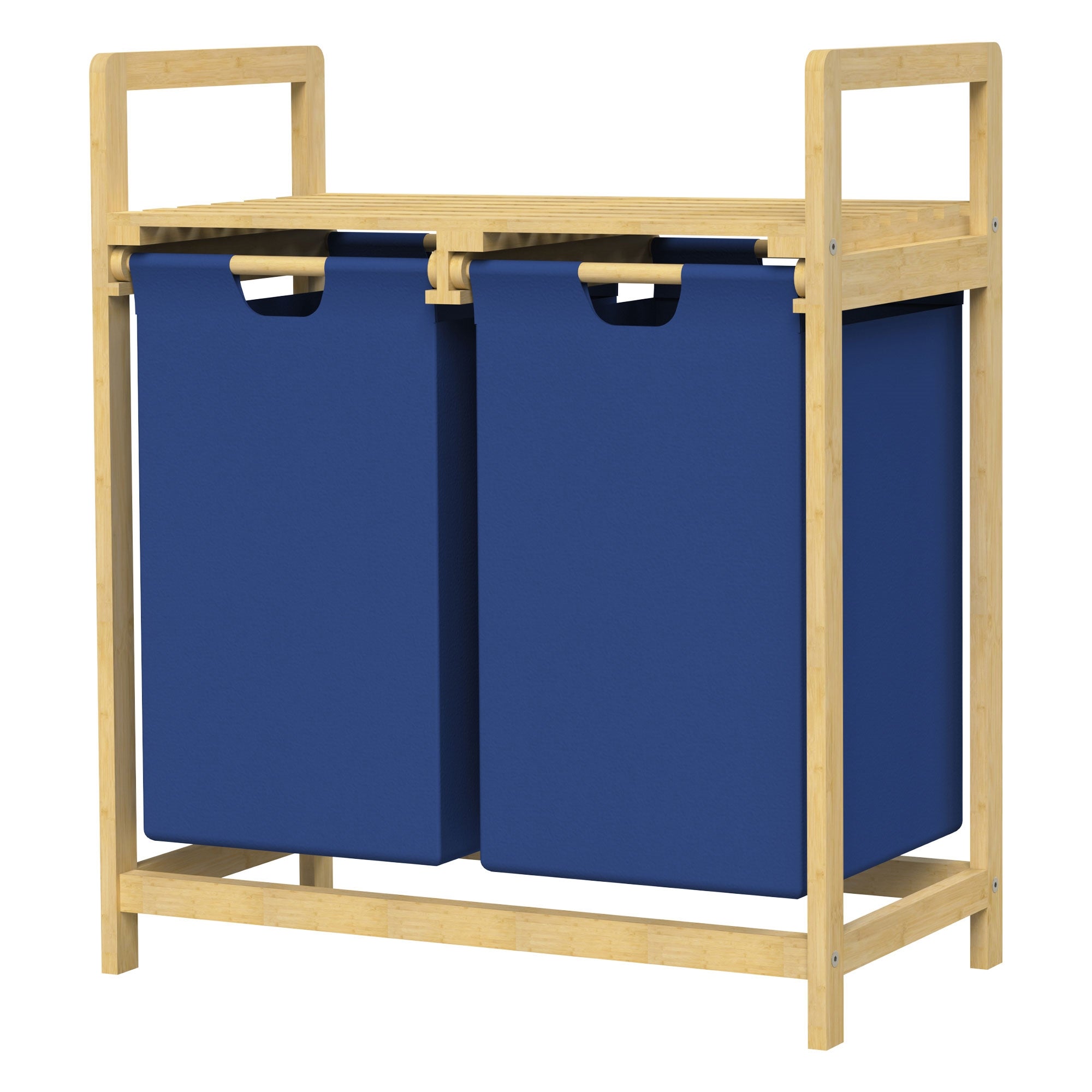 Holzgestell mit zwei blauen Wäschekörben, einfache Konstruktion.