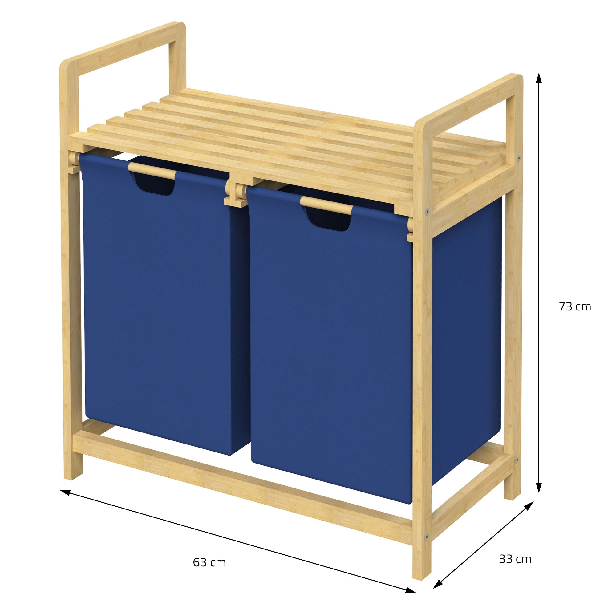 Houten plank met twee blauwe wasmanden, afmetingen: 63 cm x 33 cm x 73 cm.