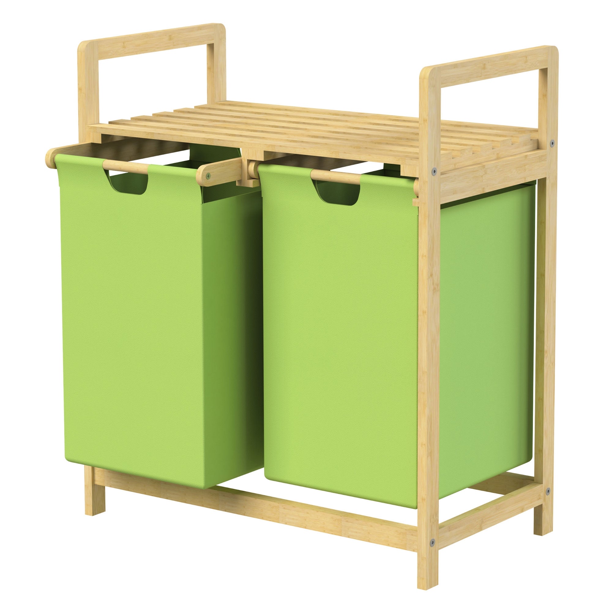 Wäschekorb mit zwei grünen Behältern, auf einem Holzgestell.