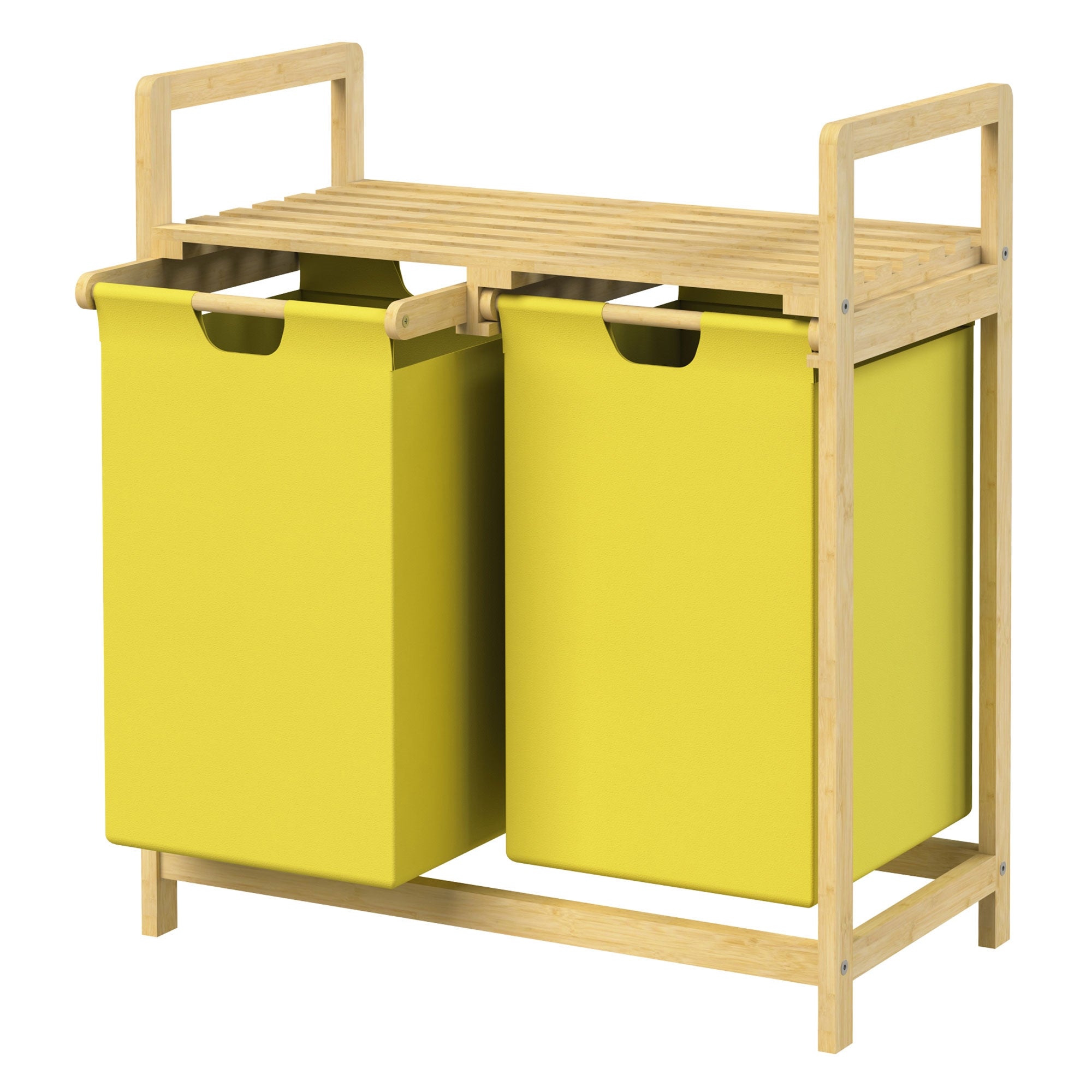 Ein Holzgestell mit zwei gelben Wäschekörben.