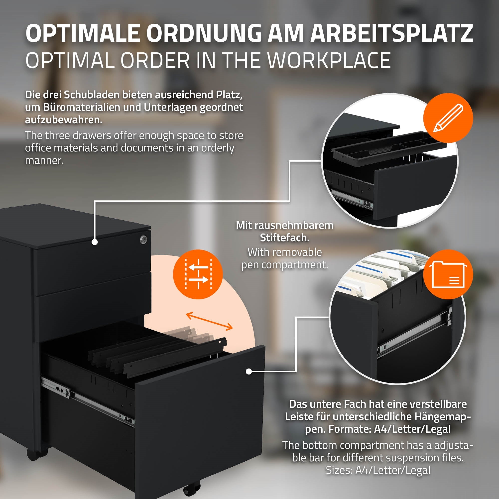 Grafika egy íróasztalról fiókokkal az optimális rend érdekében.