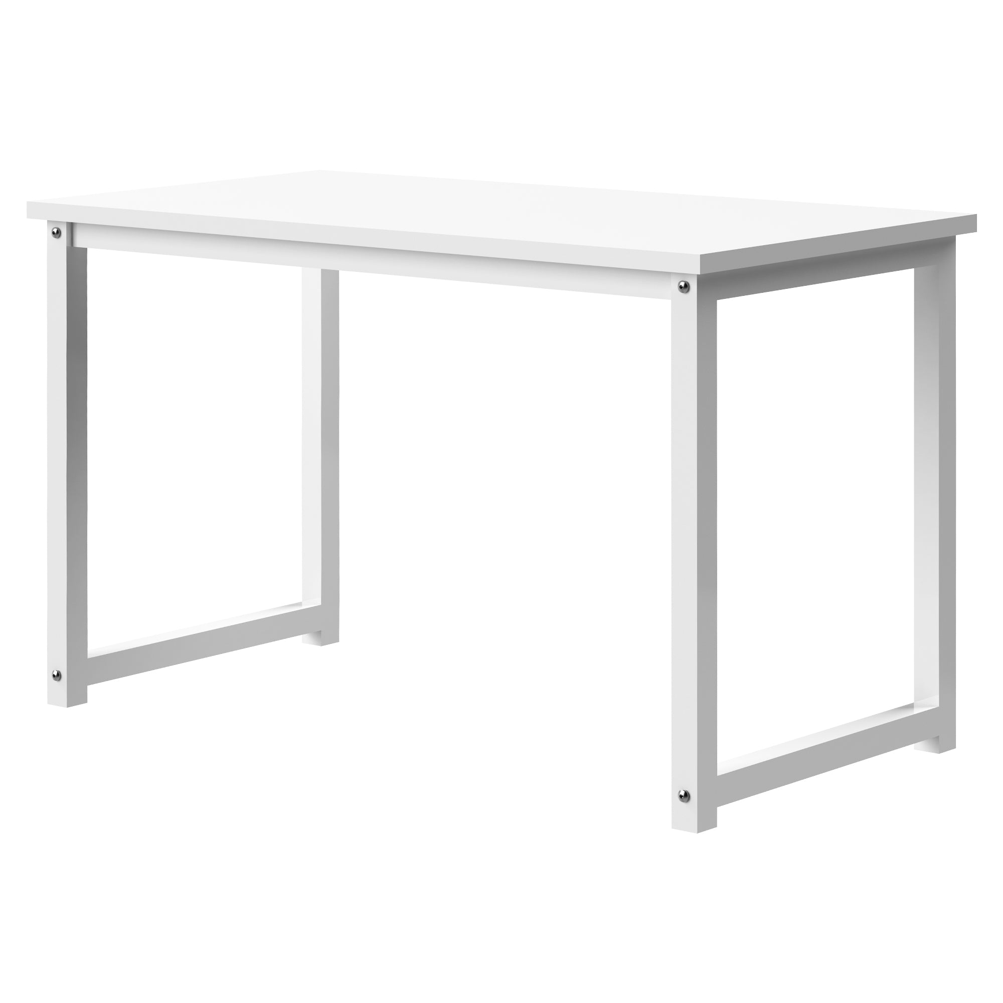 Weißer Tisch mit rechteckiger Tischplatte und stabilen Beinen.