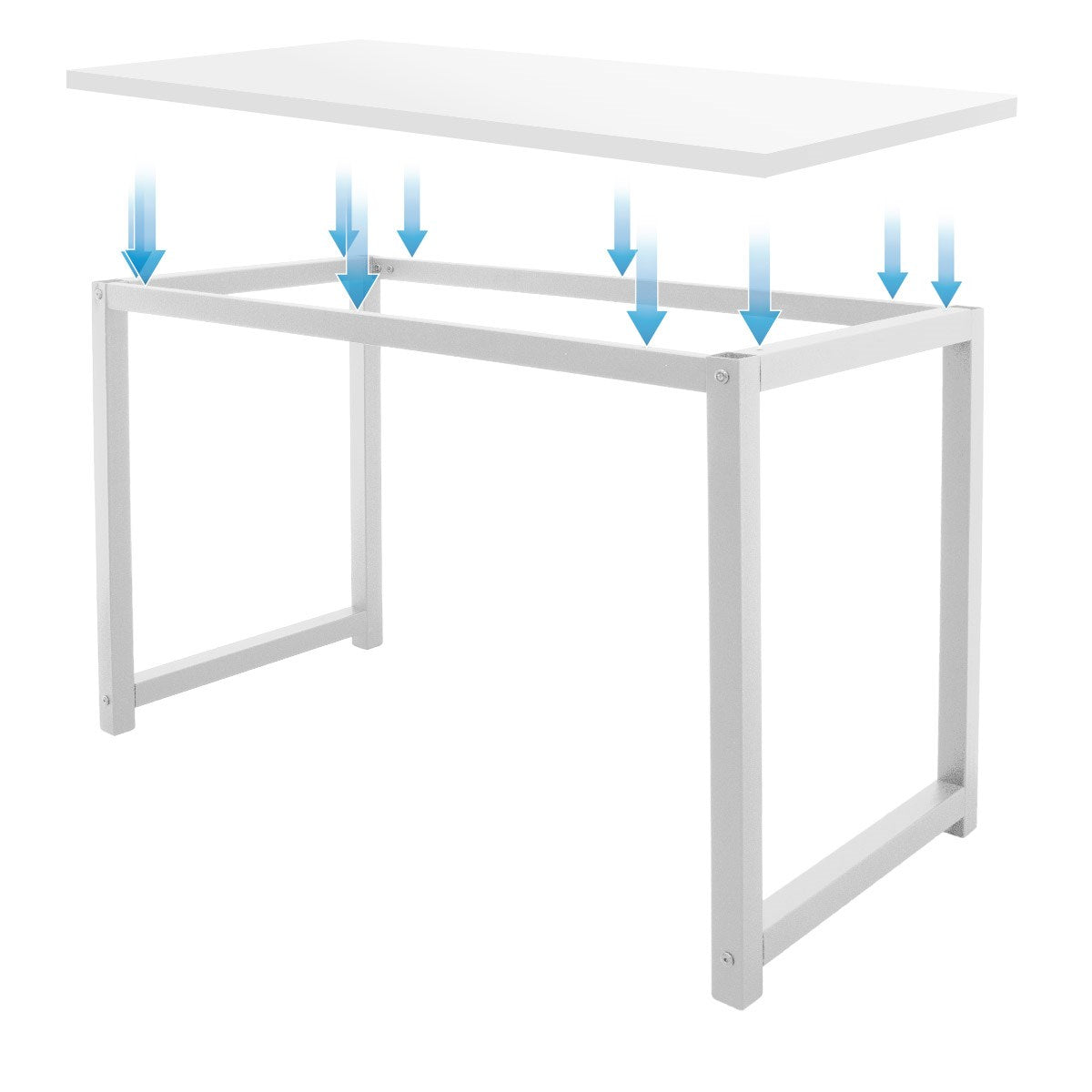 Table blanche avec un plateau amovible et des pieds réglables.