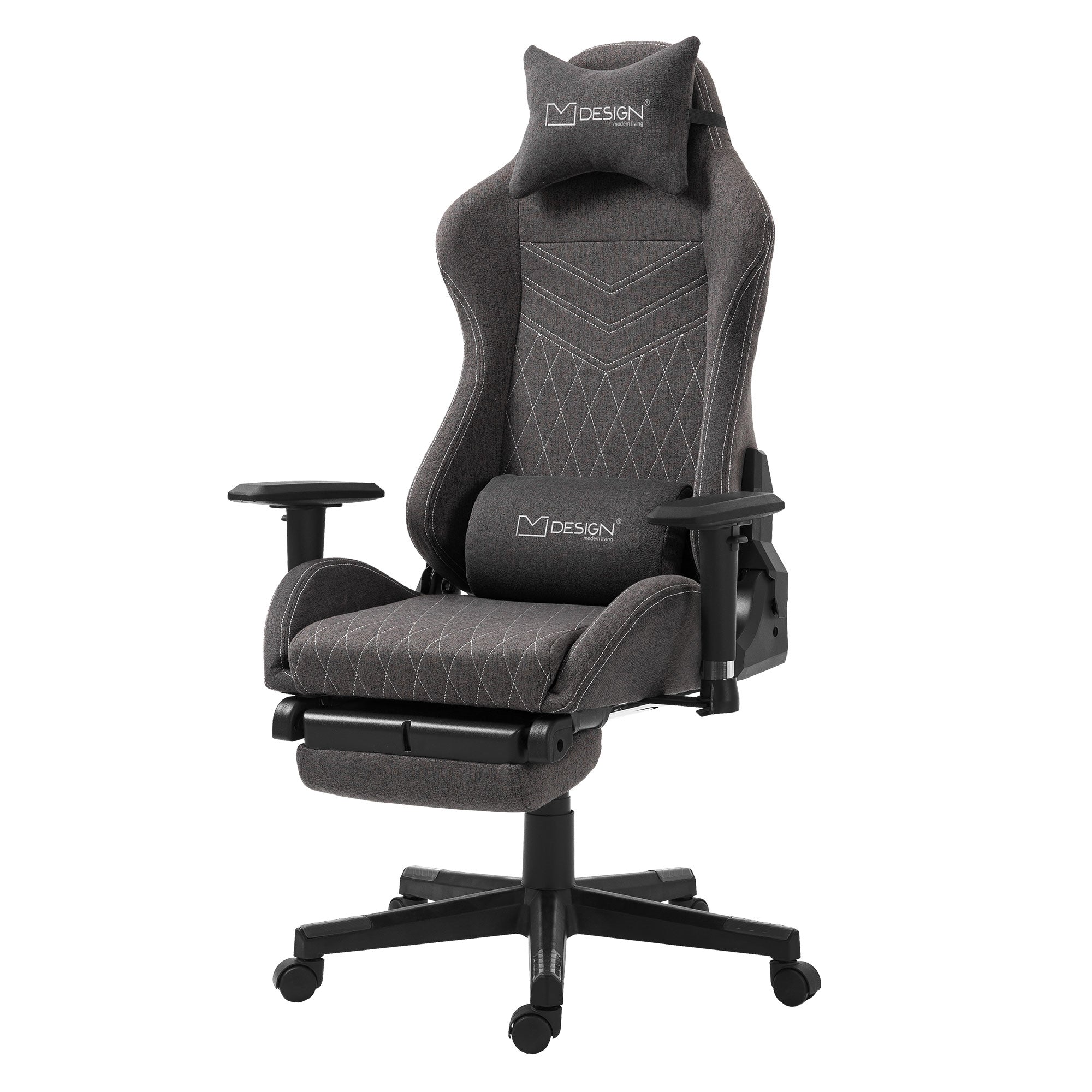Gaming-Stuhl in grau mit Kopf- und Lendenkissen auf weißem Hintergrund.