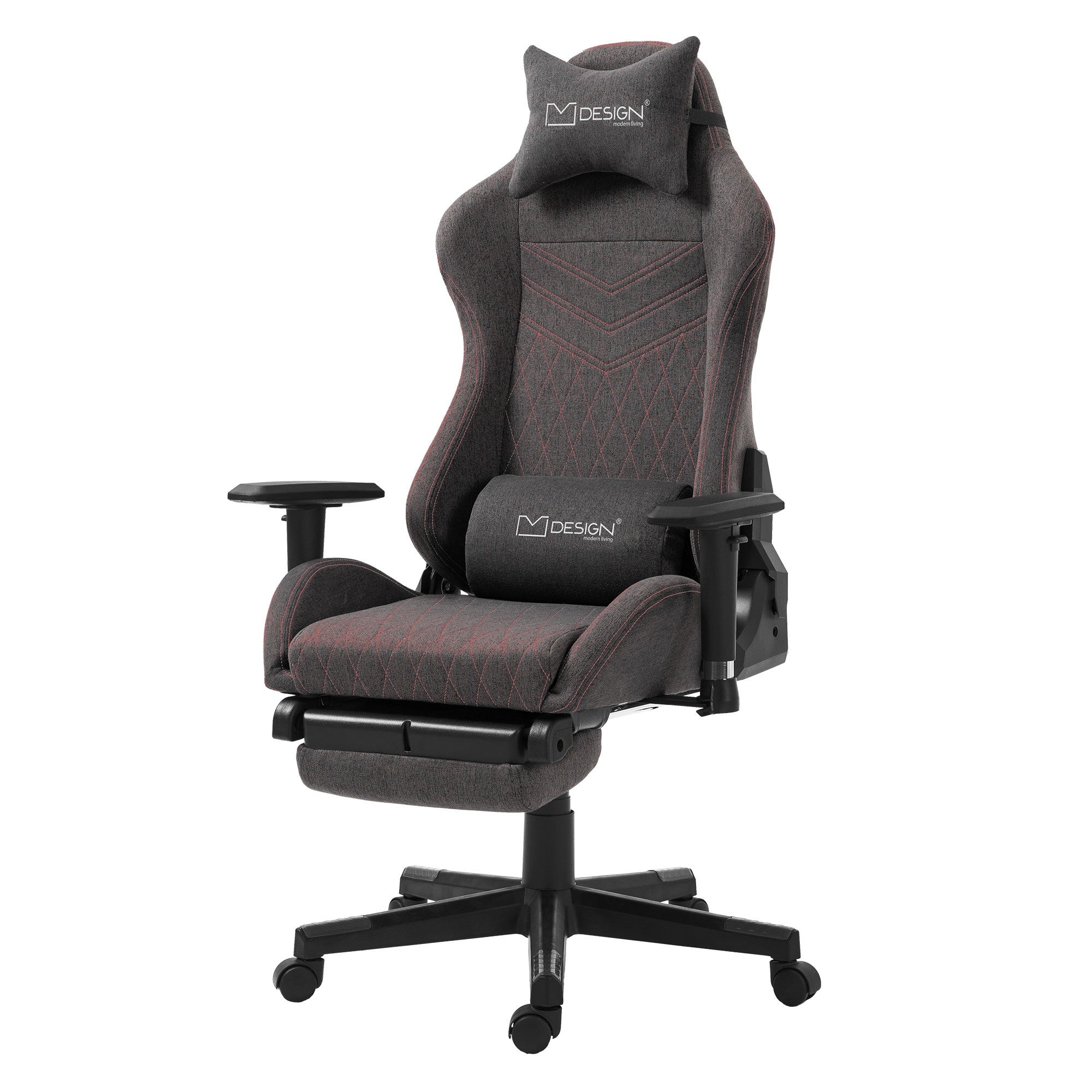 Grauer Gaming-Stuhl mit Kopfstütze und Armlehnen.