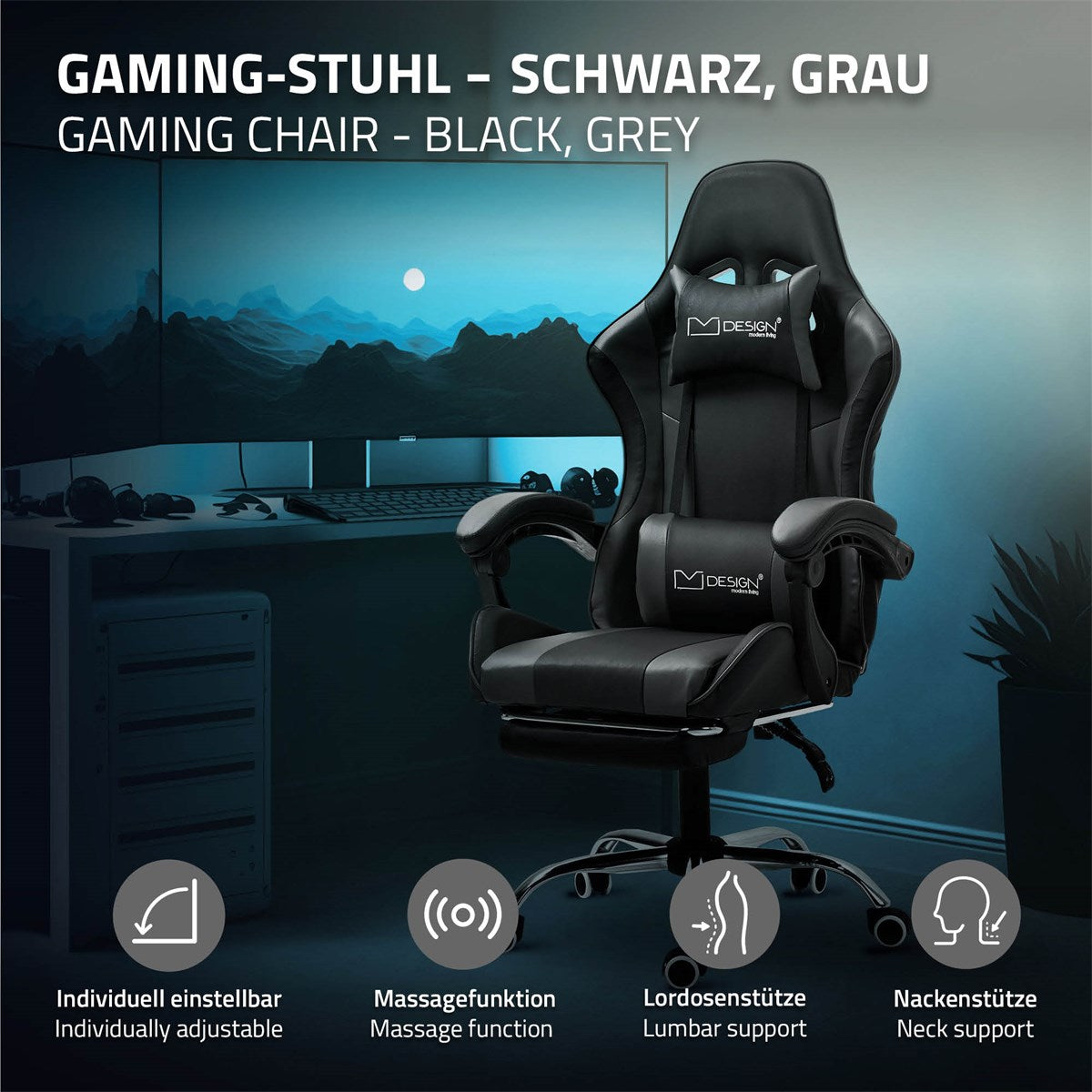Grafik av en gamingstol med funktioner och beskrivning i svart och grått.