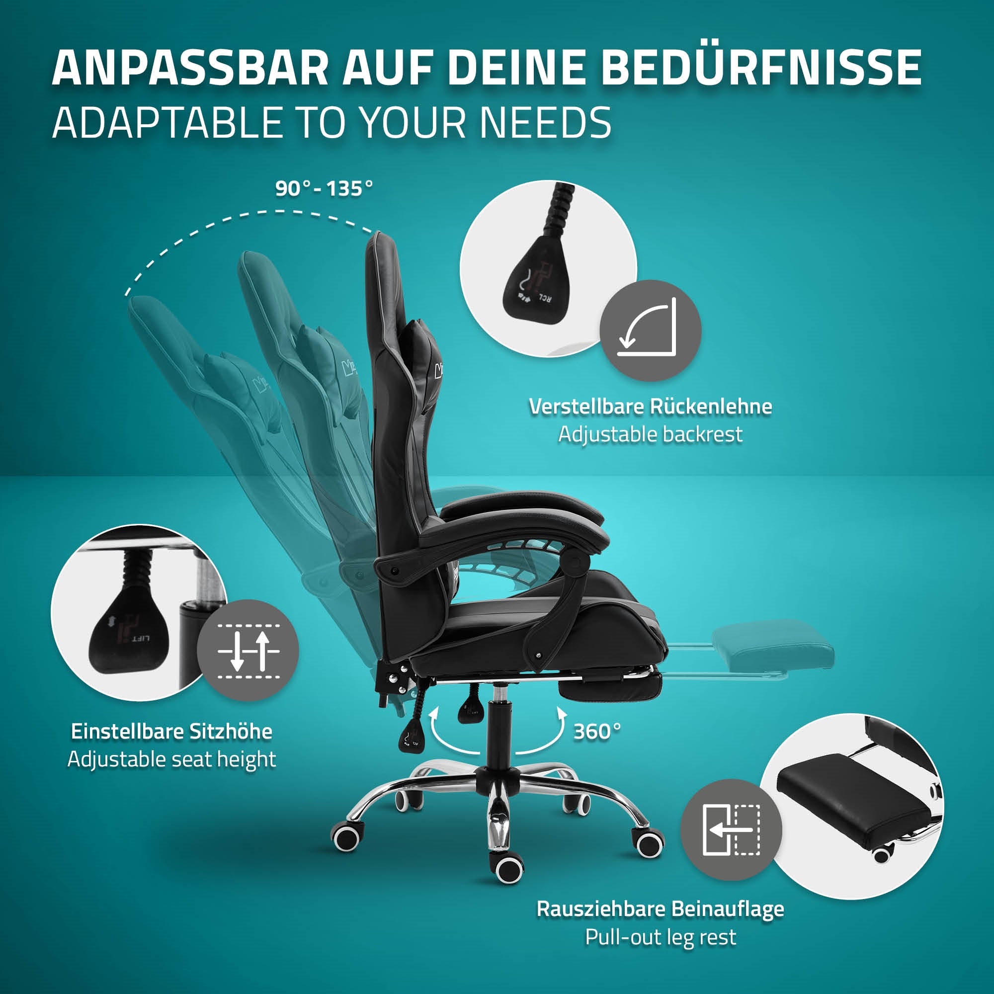 Schwarzer Gaming-Stuhl mit anpassbaren Funktionen und Beinauflage.