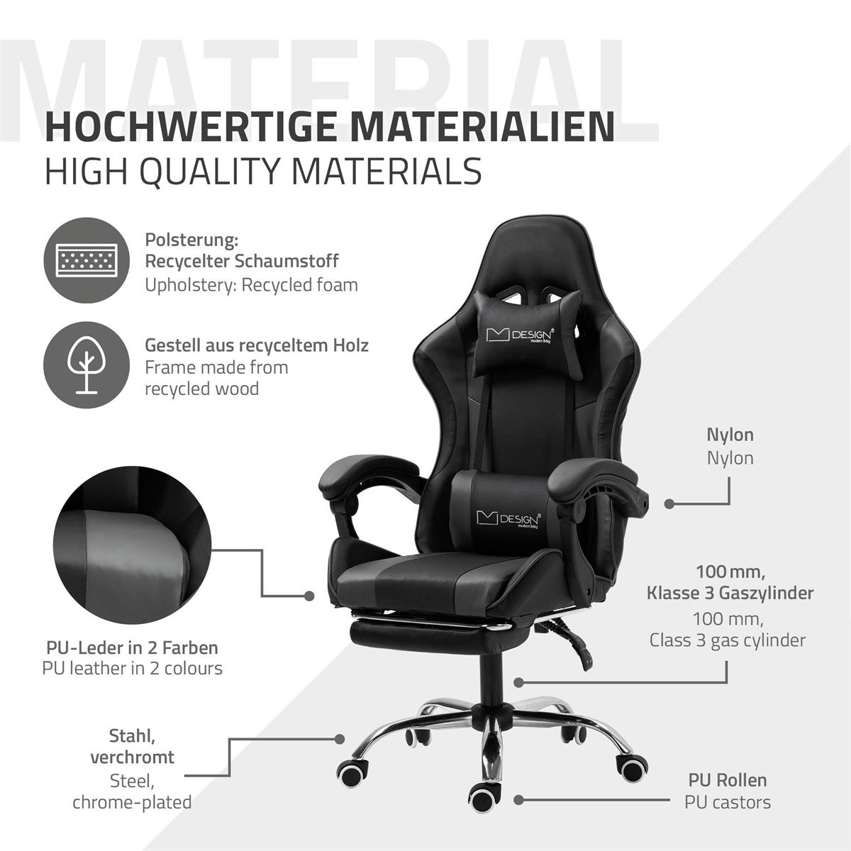 Grafik mit Informationen zu Materialien eines Gaming-Stuhls in Schwarz.