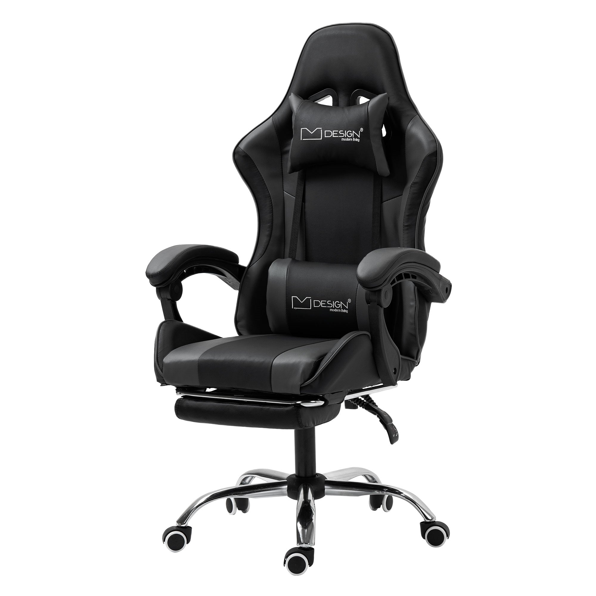 Schwarzer Gaming-Stuhl mit Kopf- und Nackenstütze auf einem drehbaren Fuß.