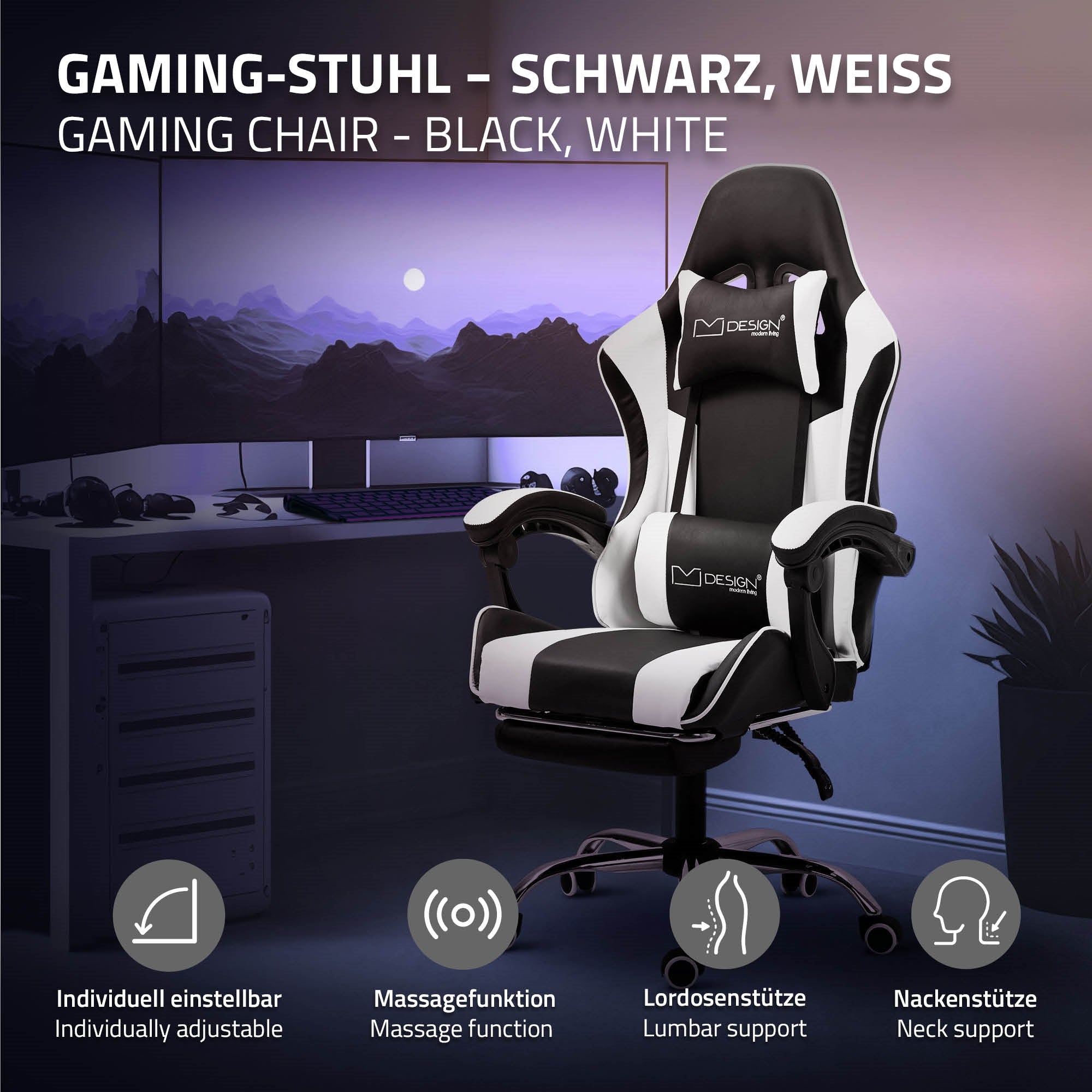 Grafika egy fekete és fehér gamer székről funkciókkal.