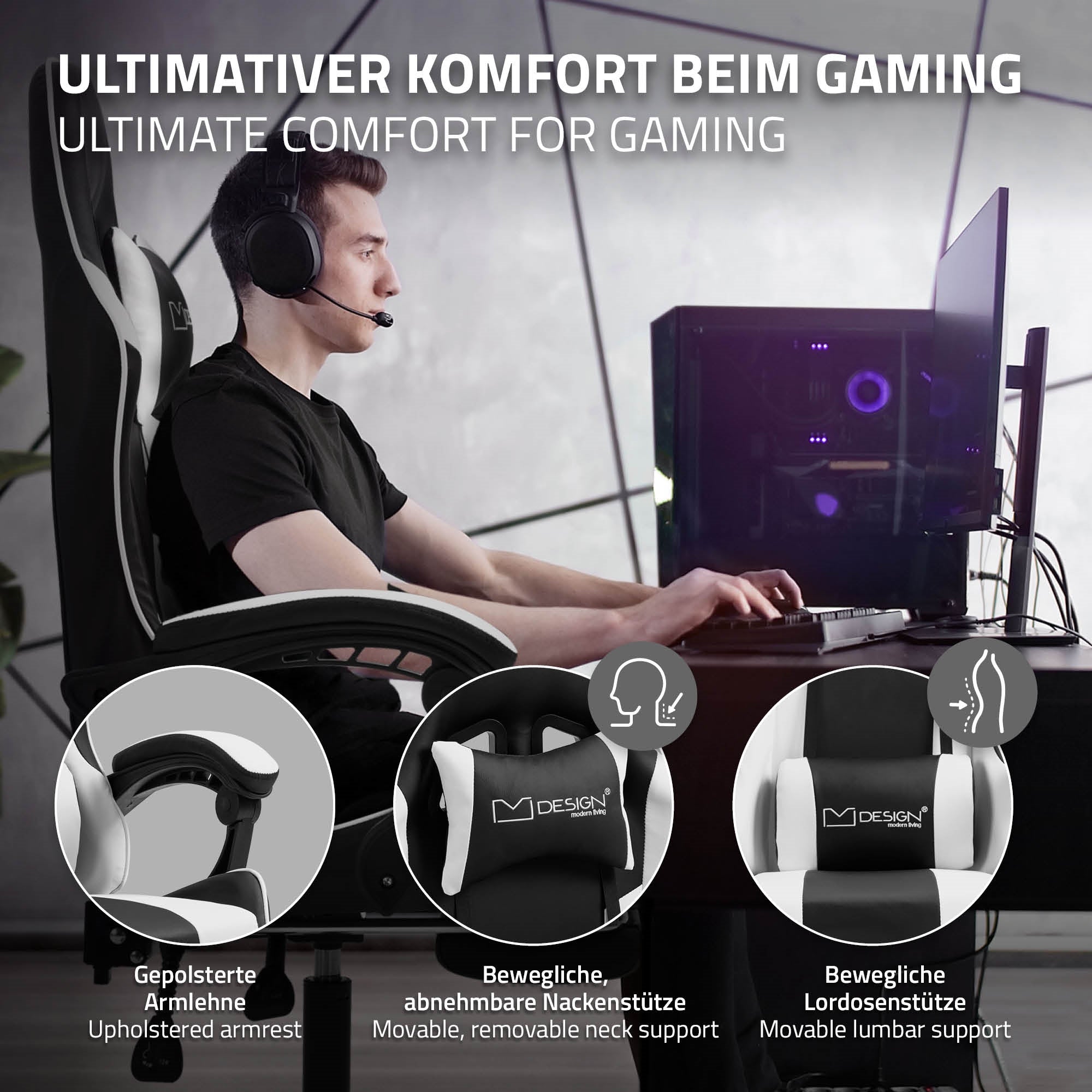 Férfi fejhallgatóval ül egy íróasztalnál egy számítógép előtt, a gamer szék a középpontban.