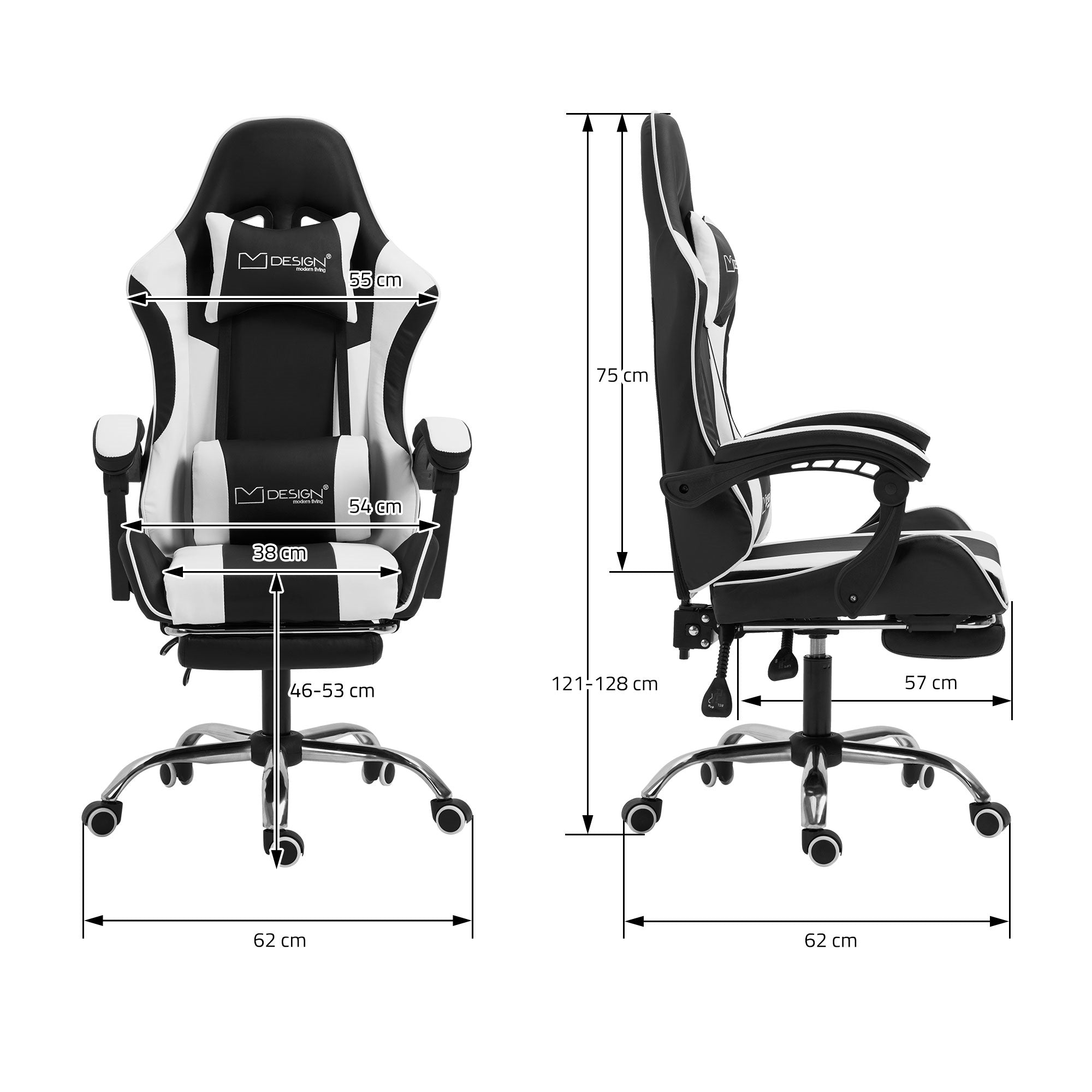 Méretezett rajz egy gamer székről magassági és szélességi adatokkal.