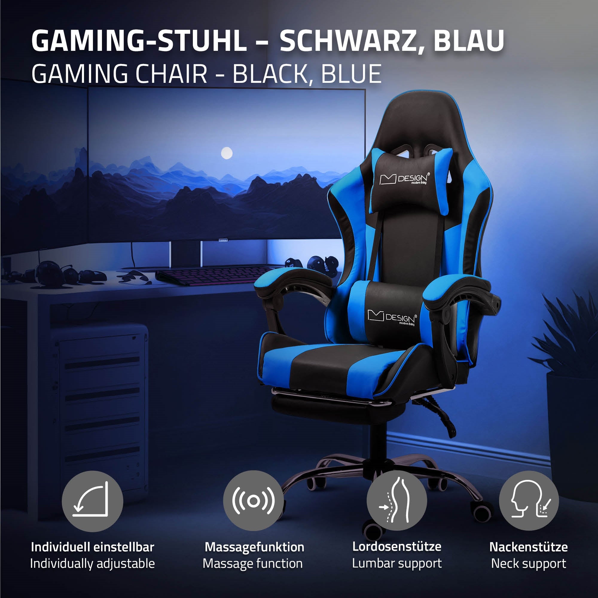 Kék gamer szék állítható funkciókkal és nyakpárnával.