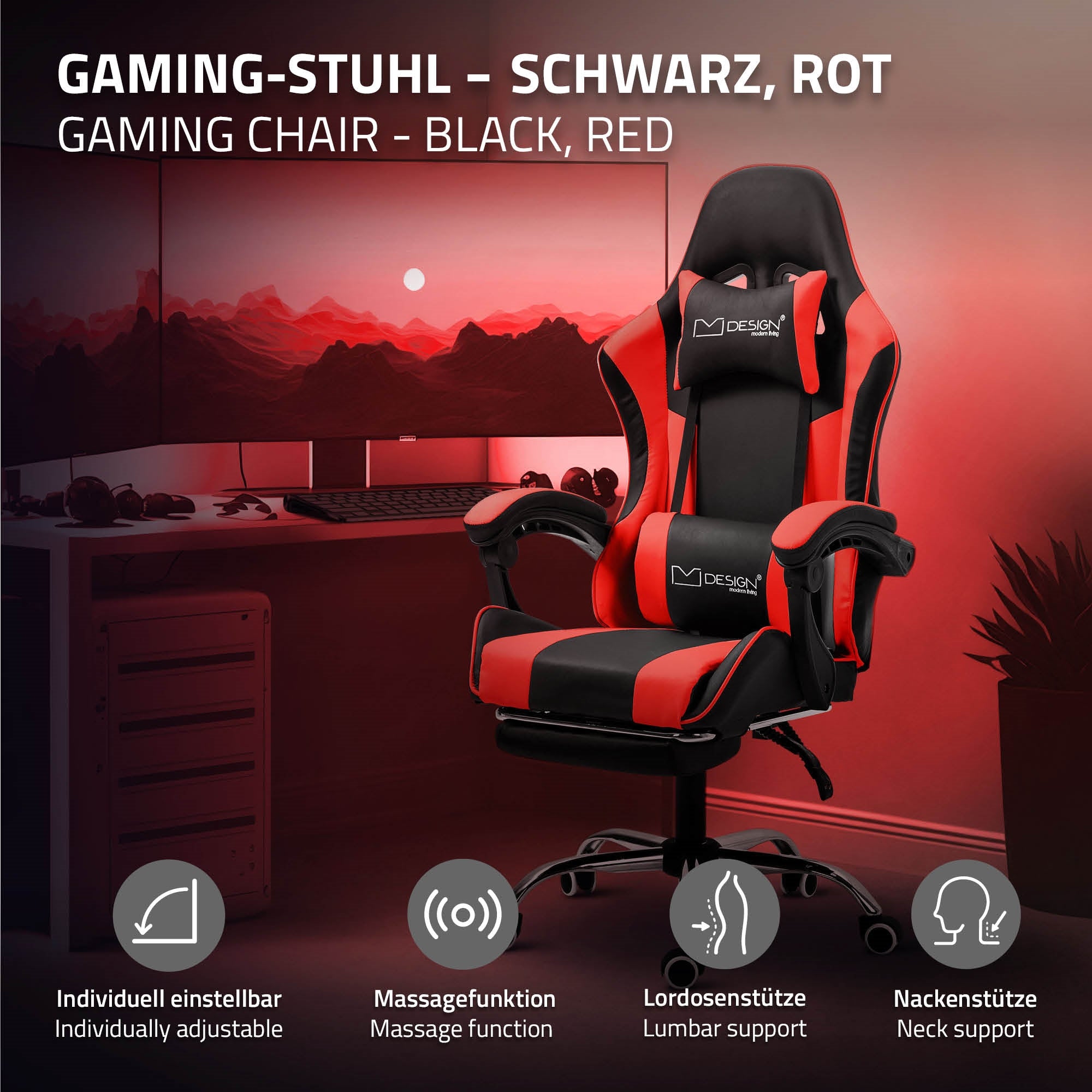 Black and red gaming chair with massage function and adjustable elements.