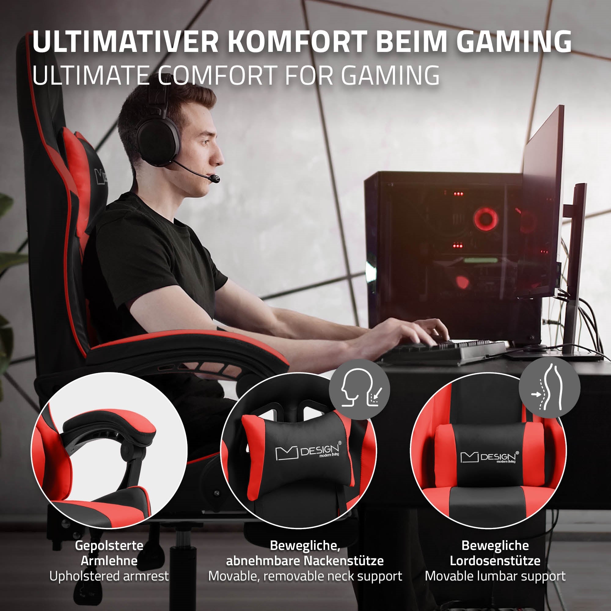 Person with headset sitting at a desk and playing on the computer.