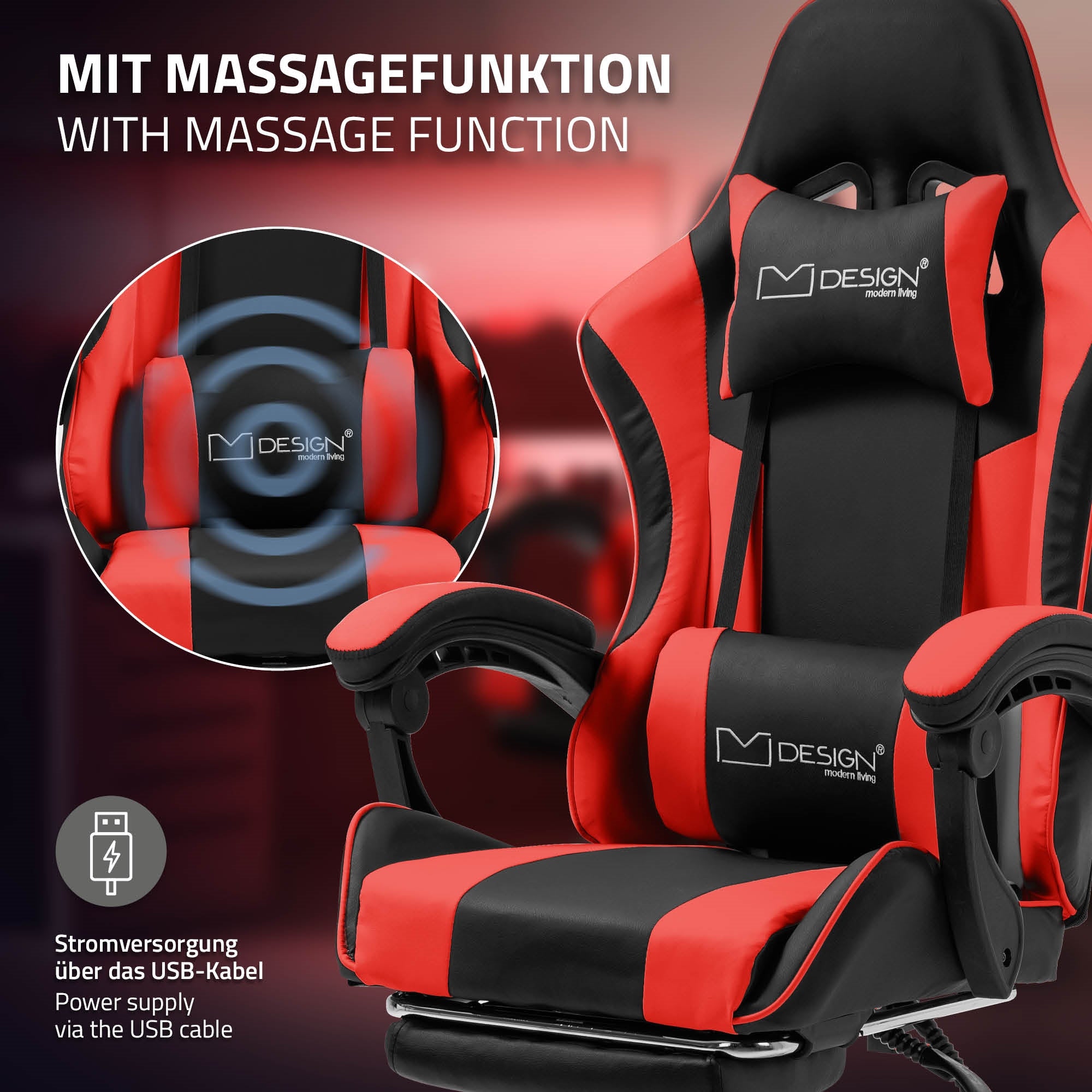 Black gaming chair with massage function and USB power supply.