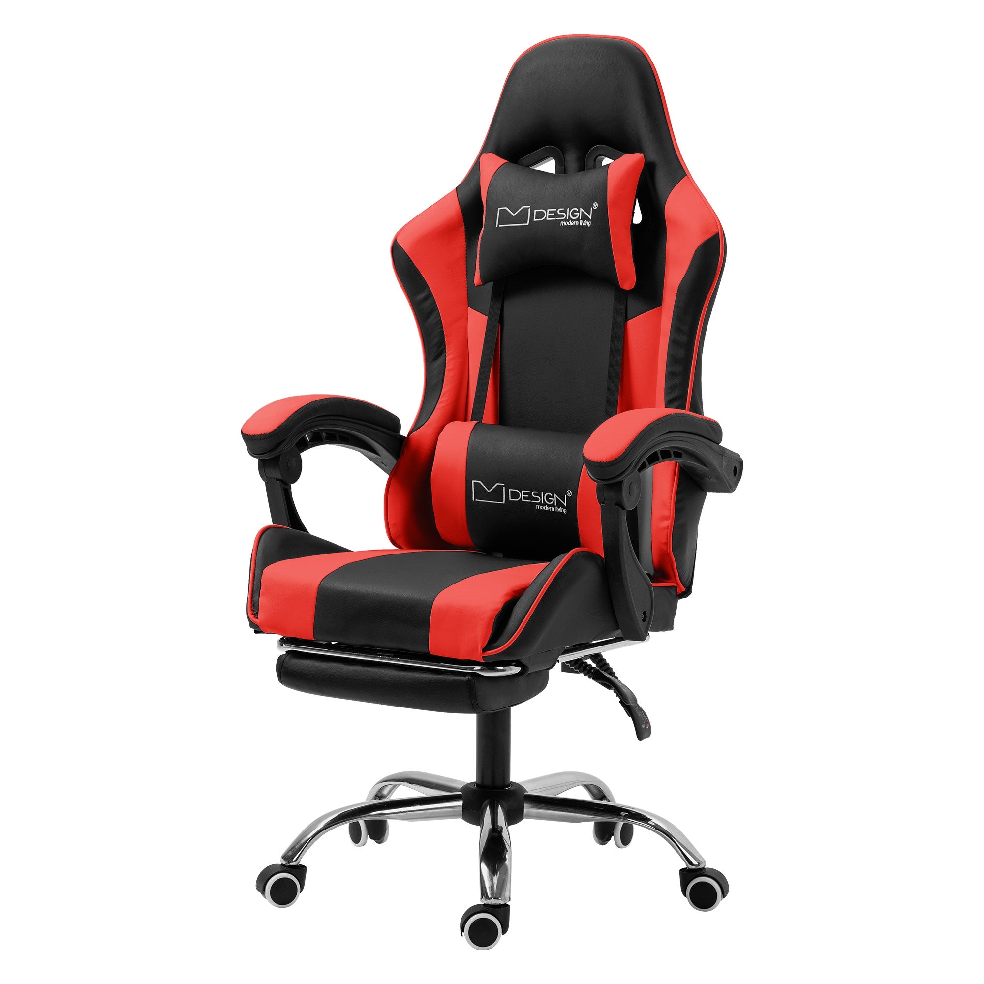 Schwarzer und roter Gaming-Stuhl mit Armlehnen und Kopfstütze.