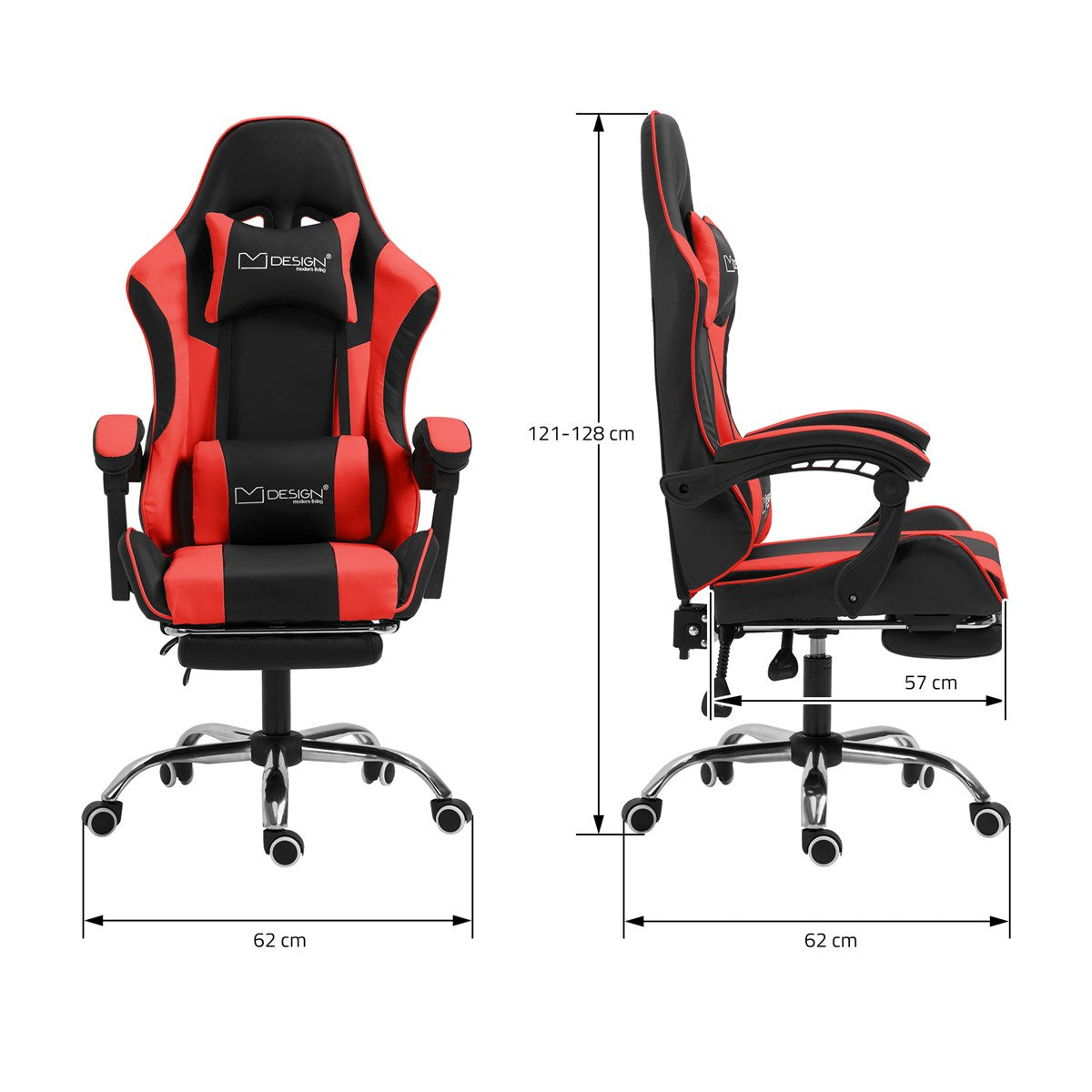Rot-schwarzer Gaming-Stuhl mit Maßangaben für Höhe und Breite.