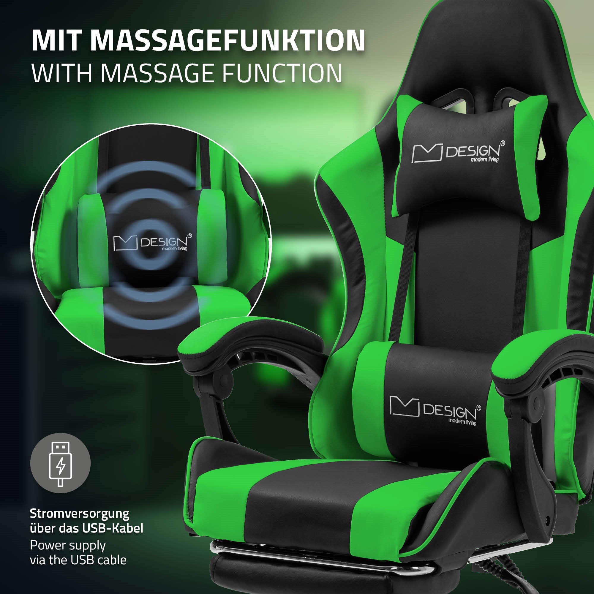 Gros plan sur une chaise de gaming verte avec fonction de massage et port USB.