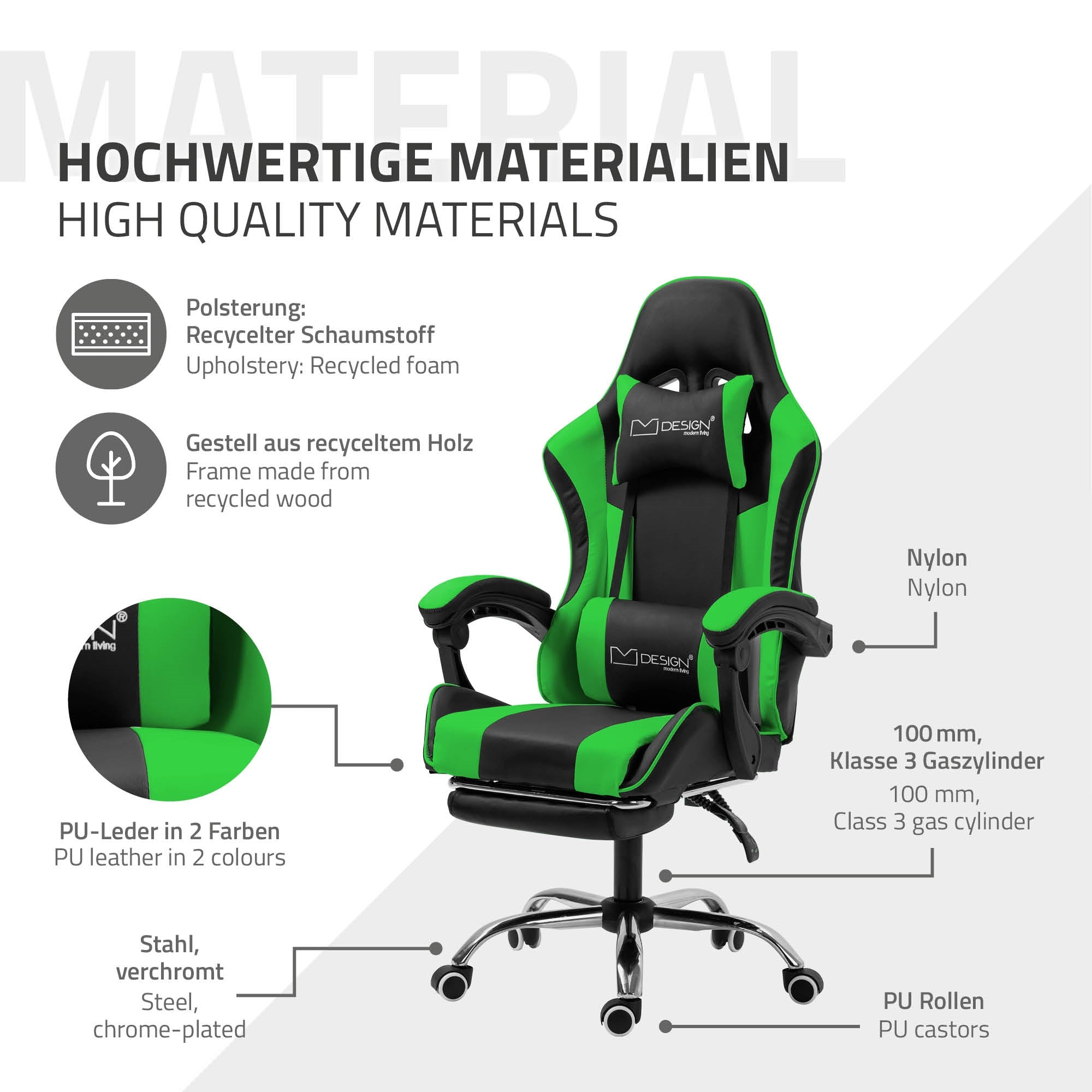 Chaise de gaming en noir et vert avec des informations sur les matériaux et les fonctions.