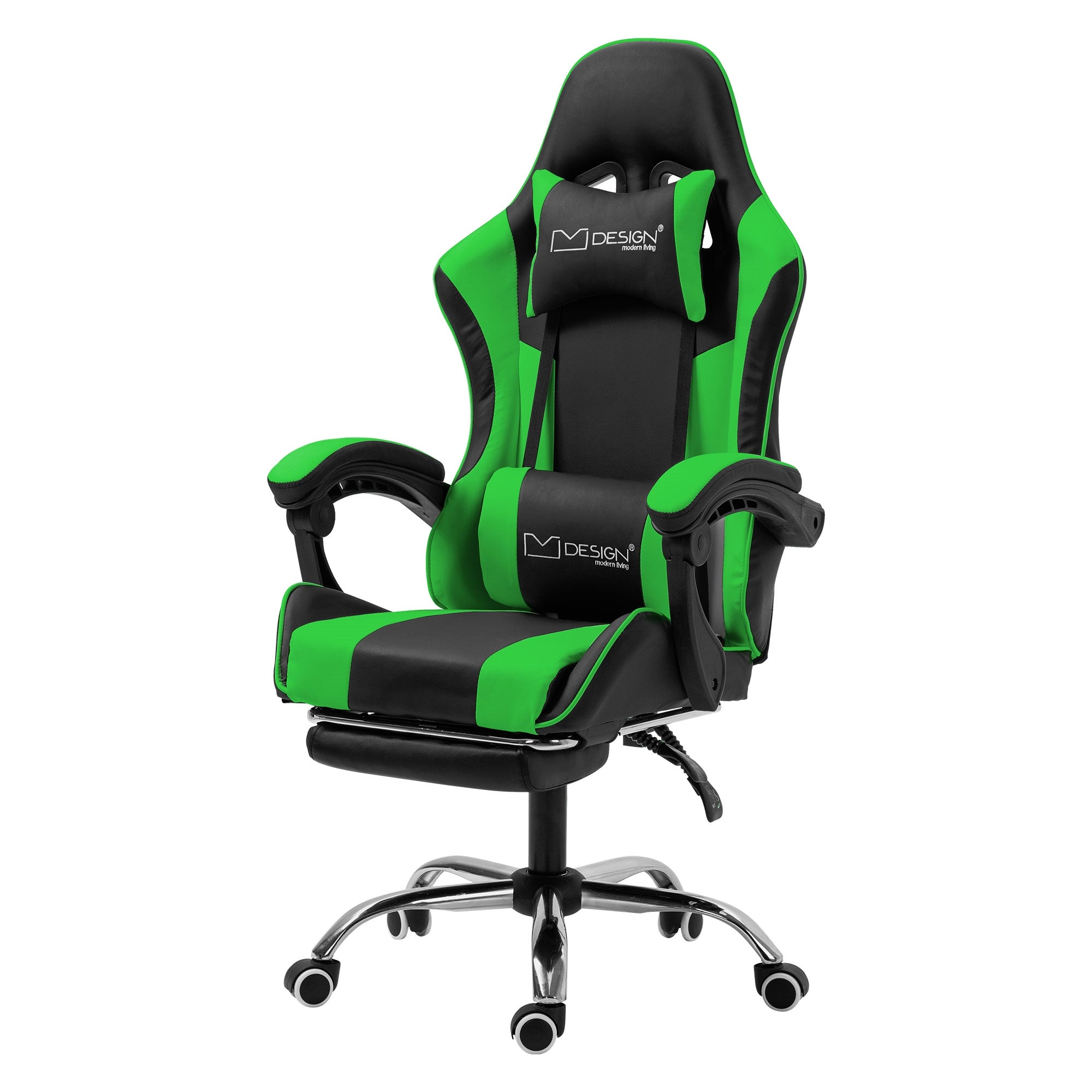 Grüner und schwarzer Gaming-Stuhl mit verstellbaren Armlehnen und Kopfstütze.
