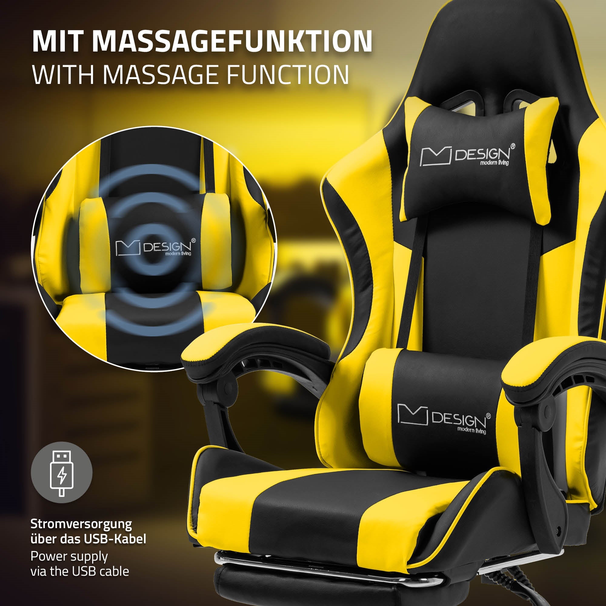 Gamingstuhl in Gelb und Schwarz mit Massagefunktion, USB-Stromversorgung.
