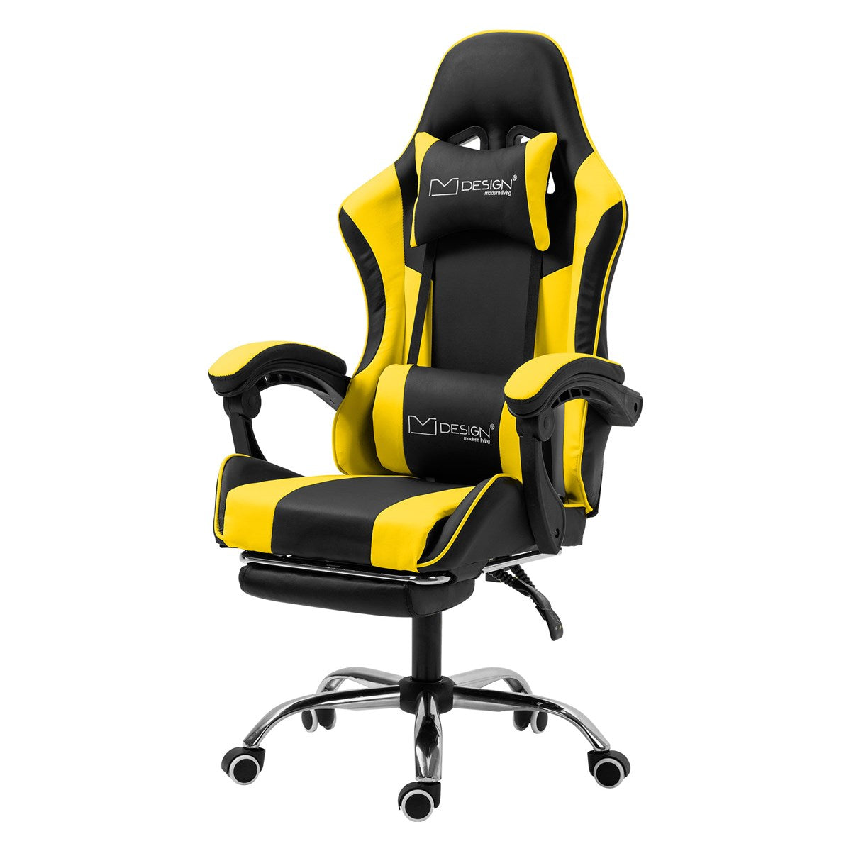 Schwarzer und gelber Gaming-Stuhl mit Armlehnen und Kopfstütze.