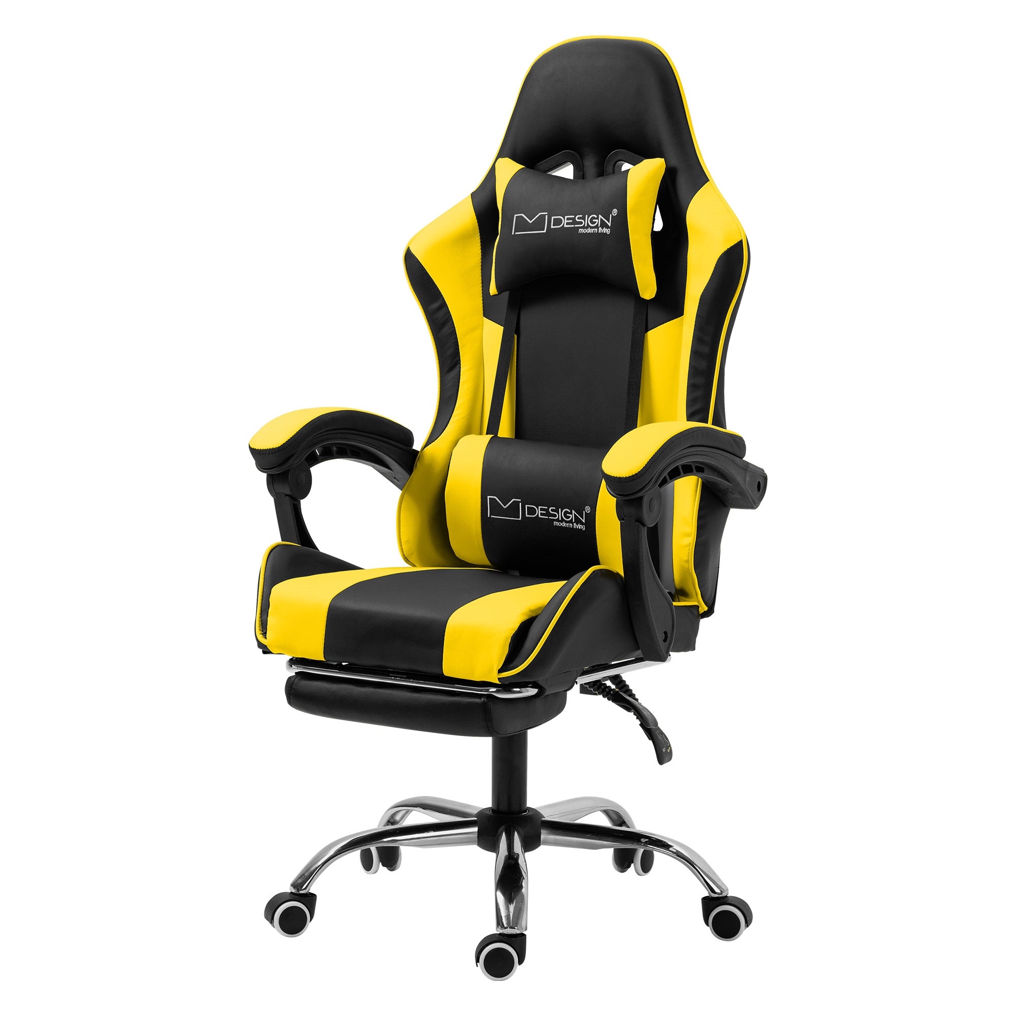 Schwarzer und gelber Gaming-Stuhl mit Armlehnen und Kopfstütze.