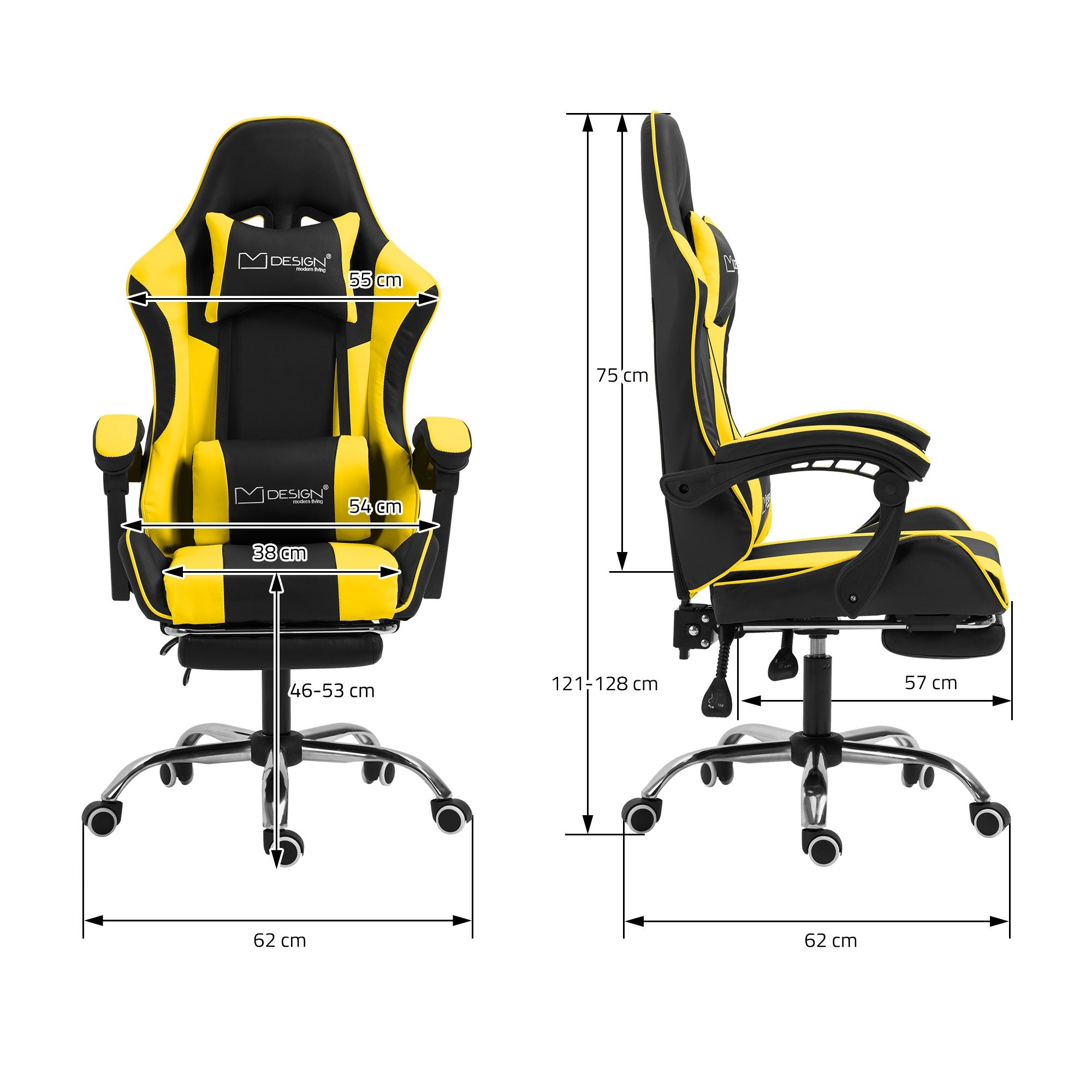 Chaise de bureau en noir et jaune avec des dimensions indiquées sur l'image.