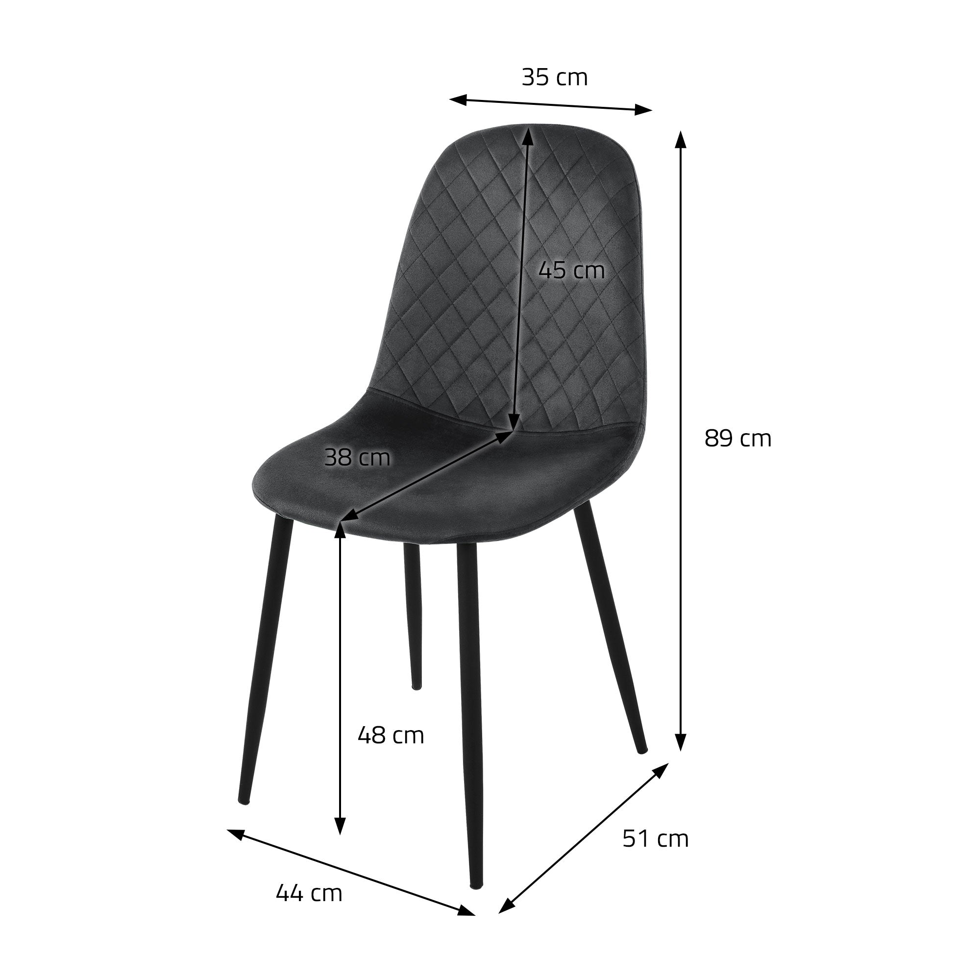 Fekete szék méretei: magasság 89 cm, szélesség 44 cm, mélység 51 cm.