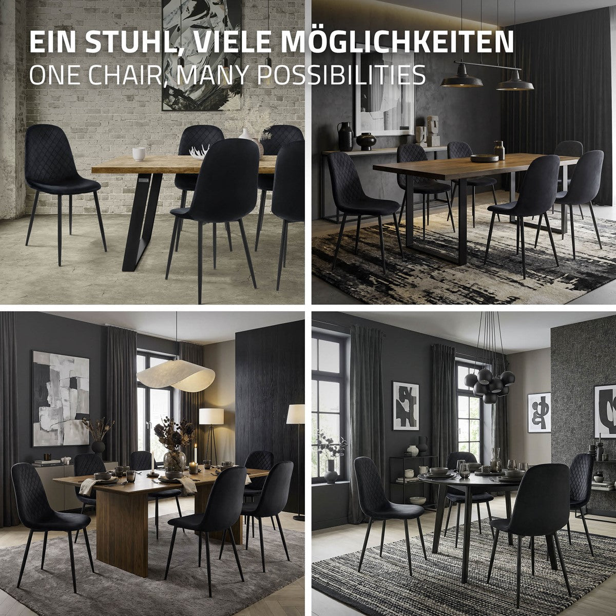 Verschiedene Esszimmer mit einem Stuhl in unterschiedlichen Räumen.