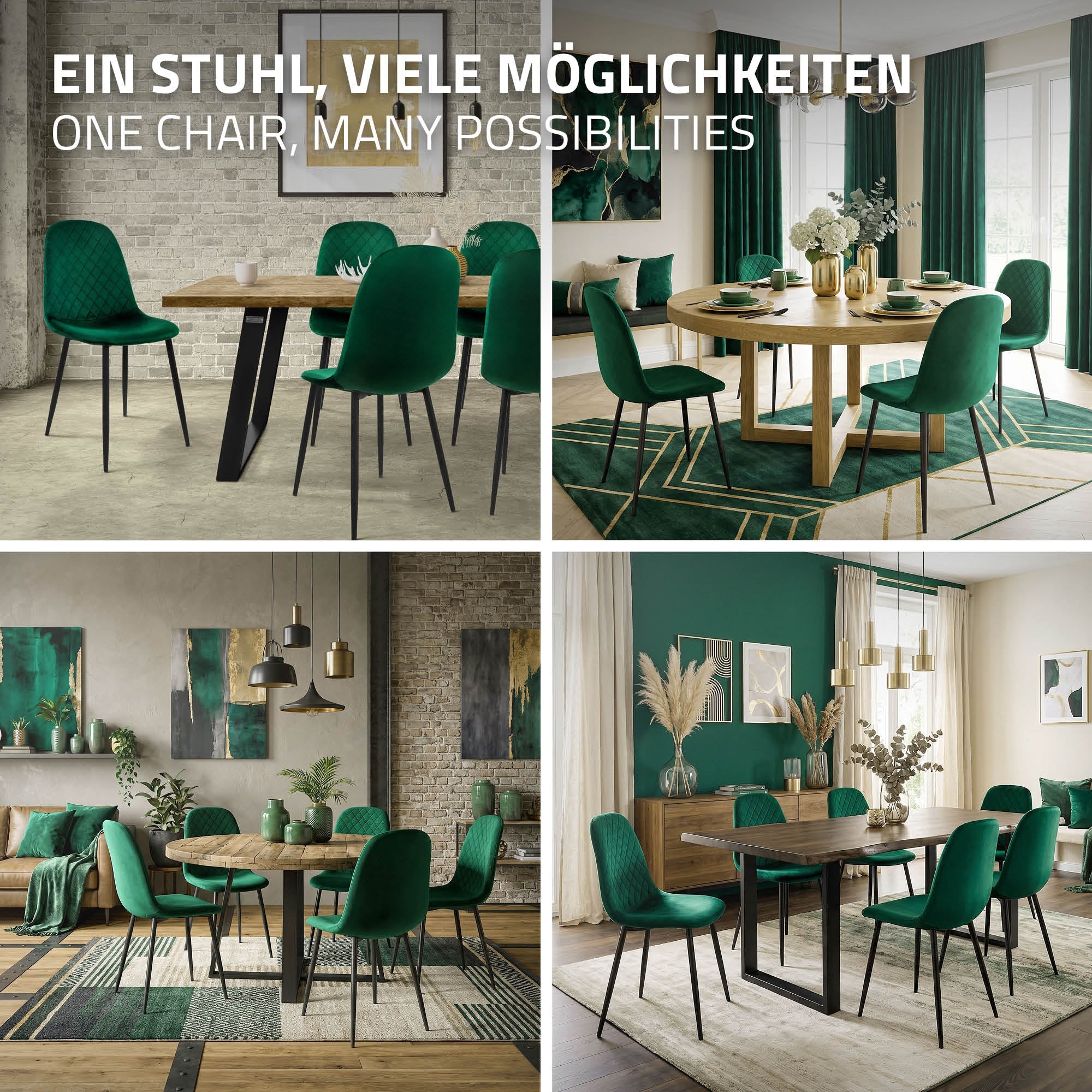 Verschiedene Esszimmeranordnungen mit grünen Stühlen in einem Raum.